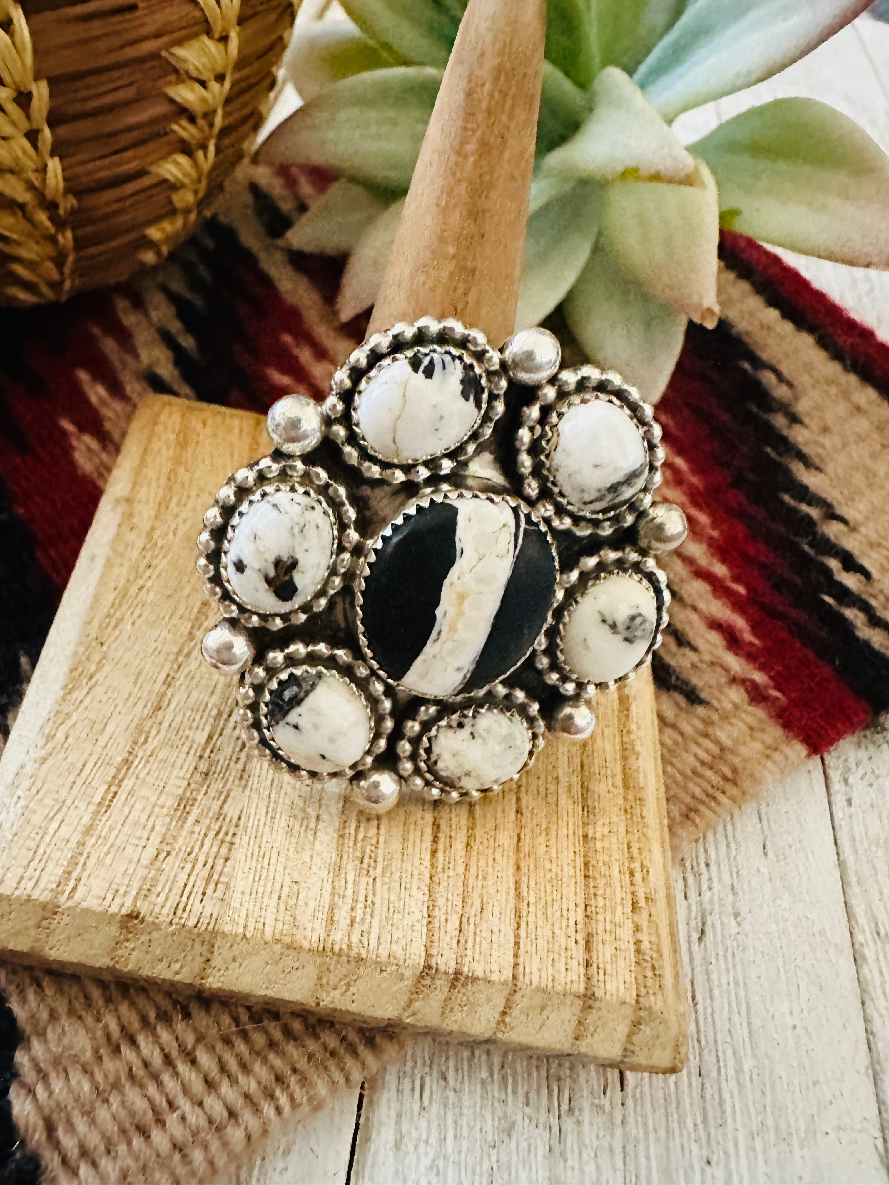 Navajo Sterling Silver And White Buffalo Cluster Adjustable Ring