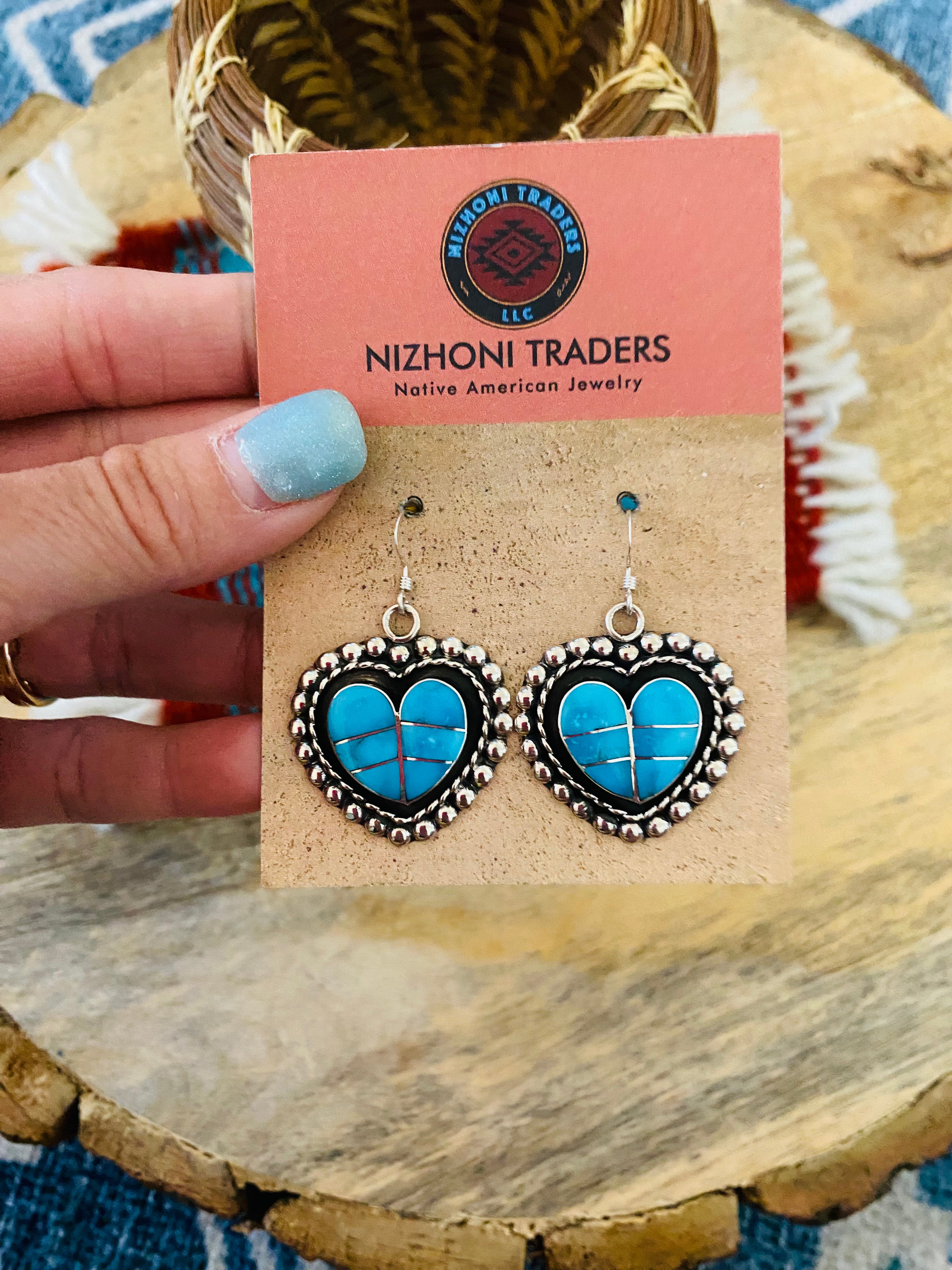 Zuni Sterling Silver & Turquoise Inlay Heart Dangle Earrings