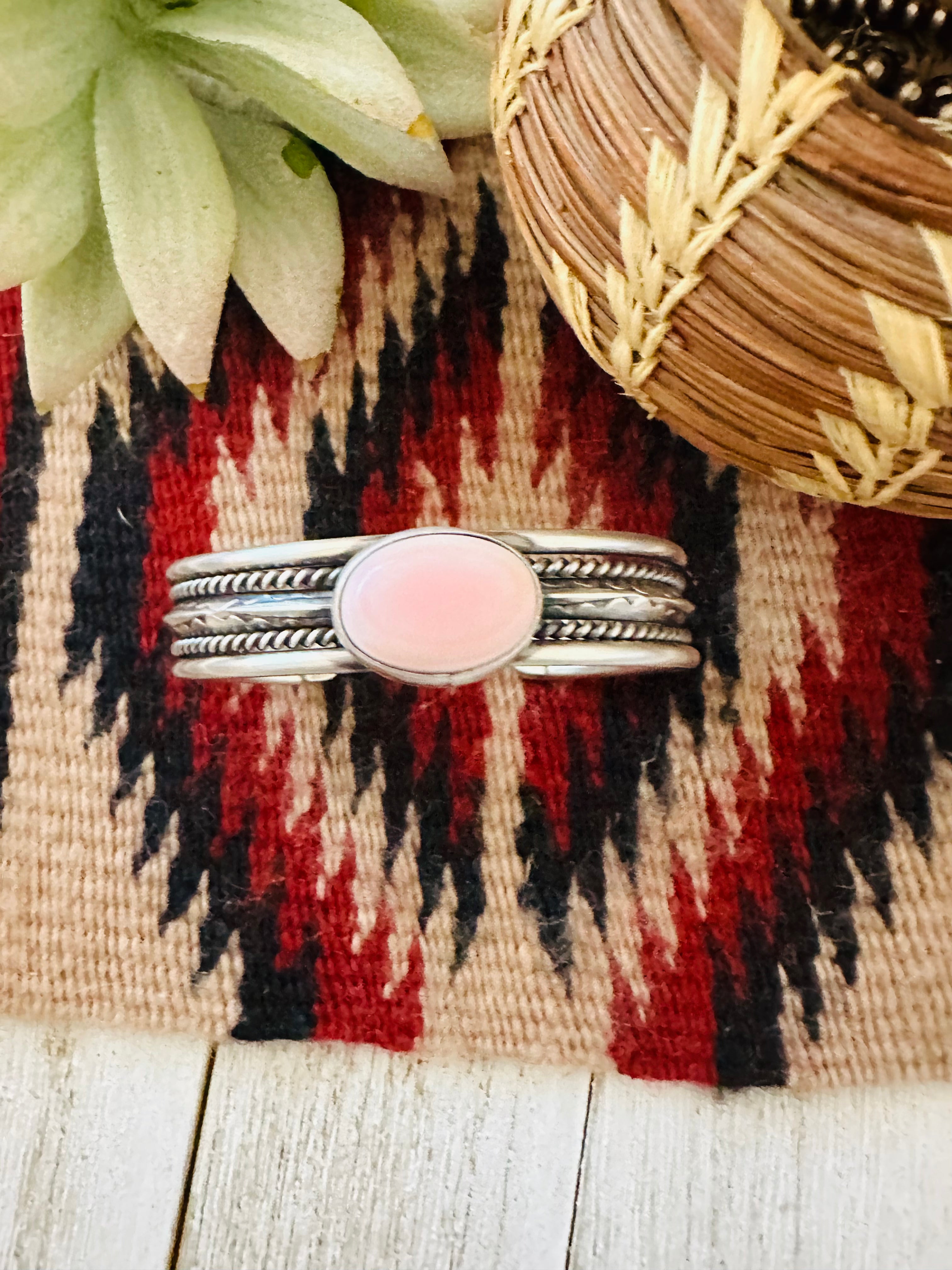 Navajo Queen Pink Conch Shell & Sterling Silver Cuff Bracelet