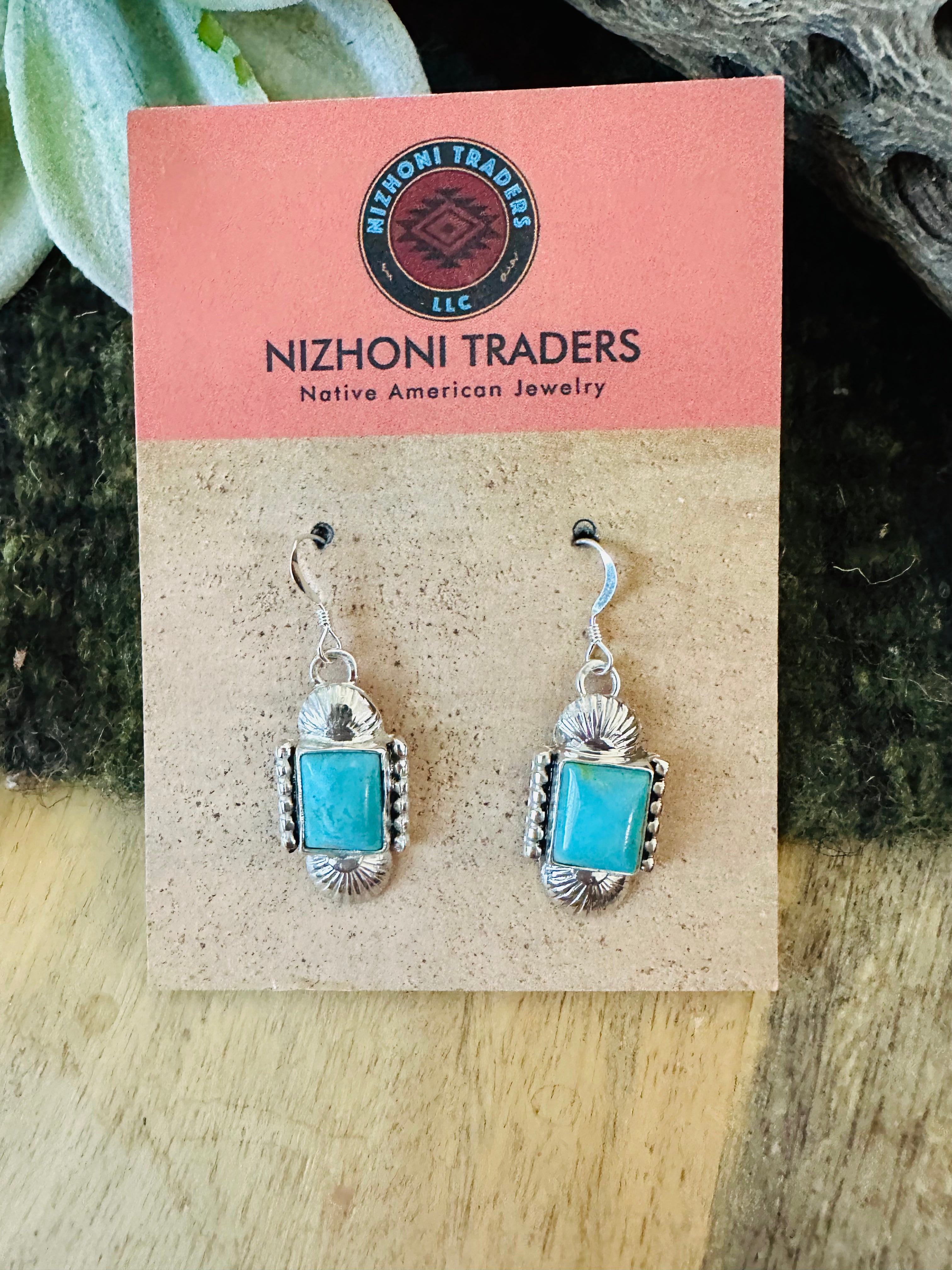 Navajo Turquoise & Sterling Silver Rectangle Dangle Earrings