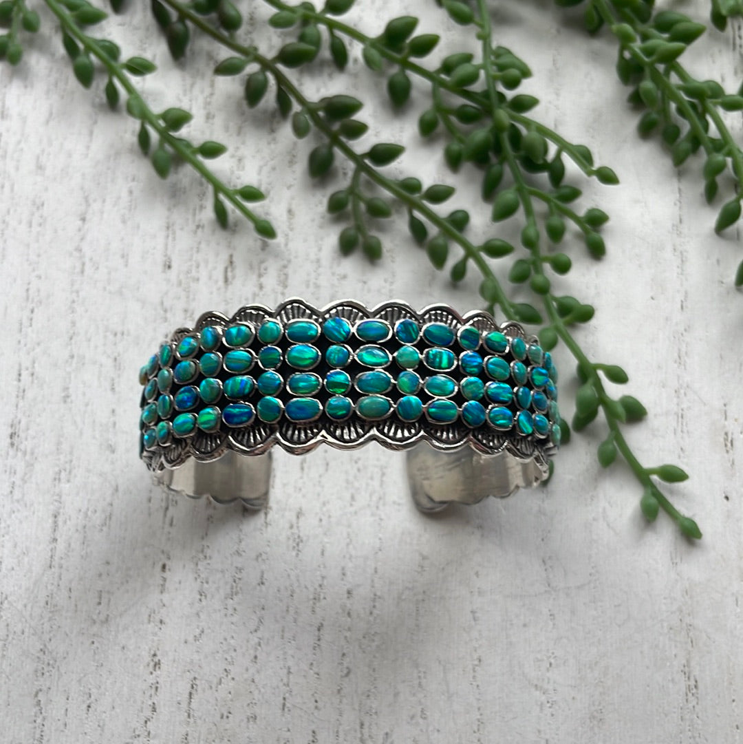 “The 4 Row Cuff” Sterling Silver Blue Fire Opal Cuff Bracelet