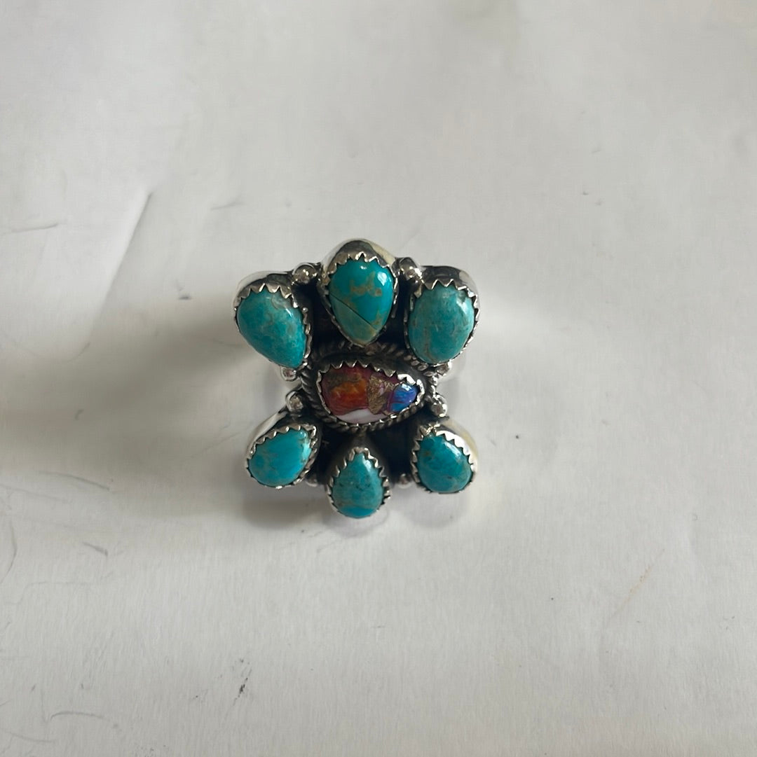 “The Willow” Handmade Sterling Silver, Turquoise & Pink Dream Cluster Adjustable Ring Signed Nizhoni