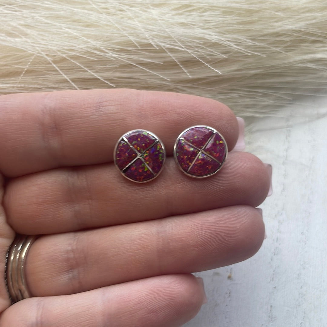 Navajo Pink Opal Inlay & Sterling Silver Stud Earrings