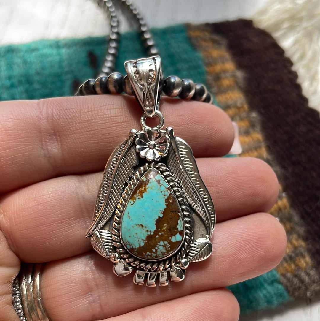 Handmade Sterling Silver & Number 8 Turquoise Pendant Signed Nizhoni