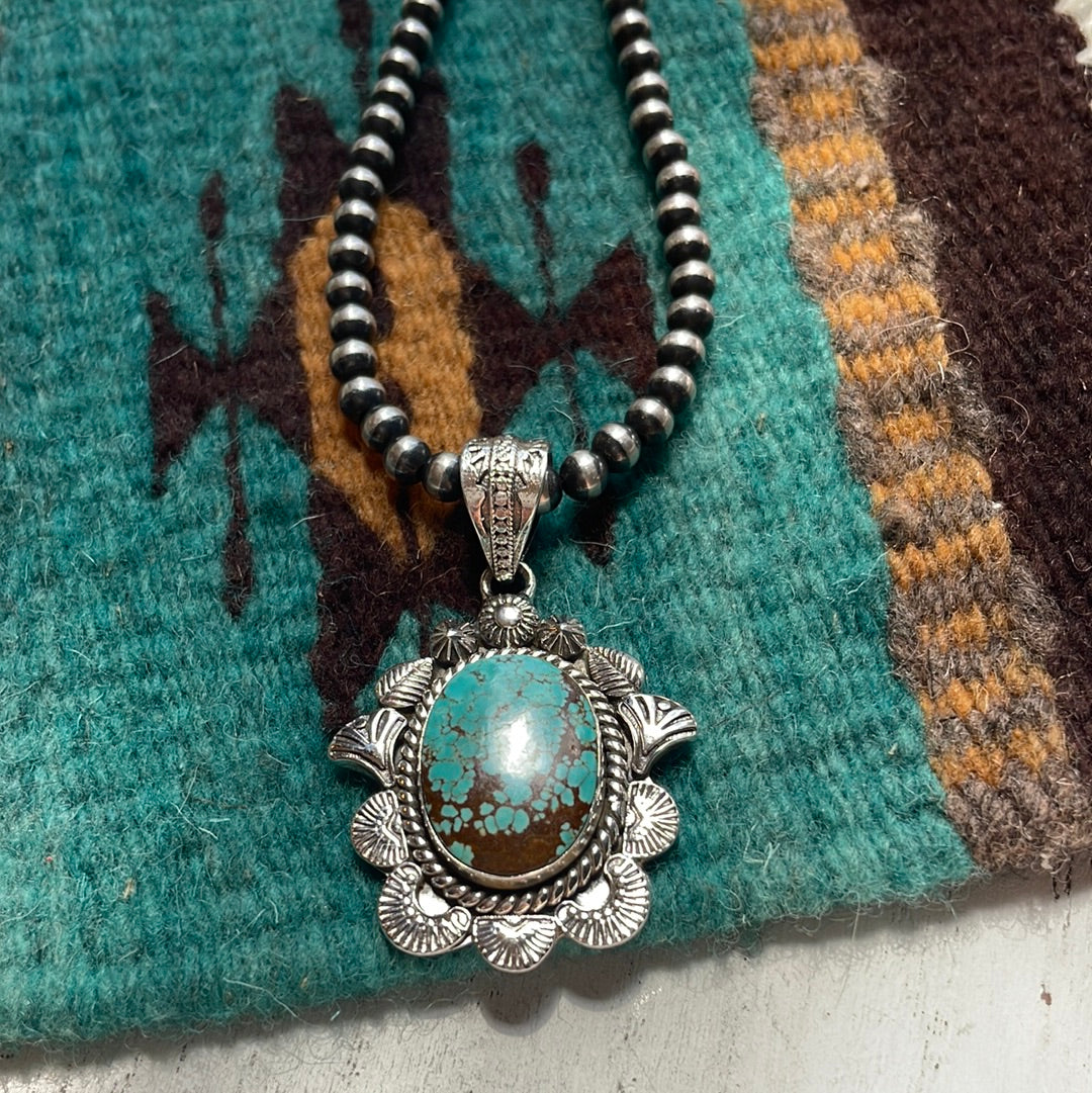 Handmade Sterling Silver & Number 8 Turquoise Pendant Signed Nizhoni