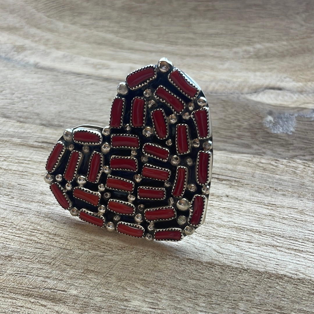 Navajo Coral Sterling Silver Adjustable Heart Ring Signed