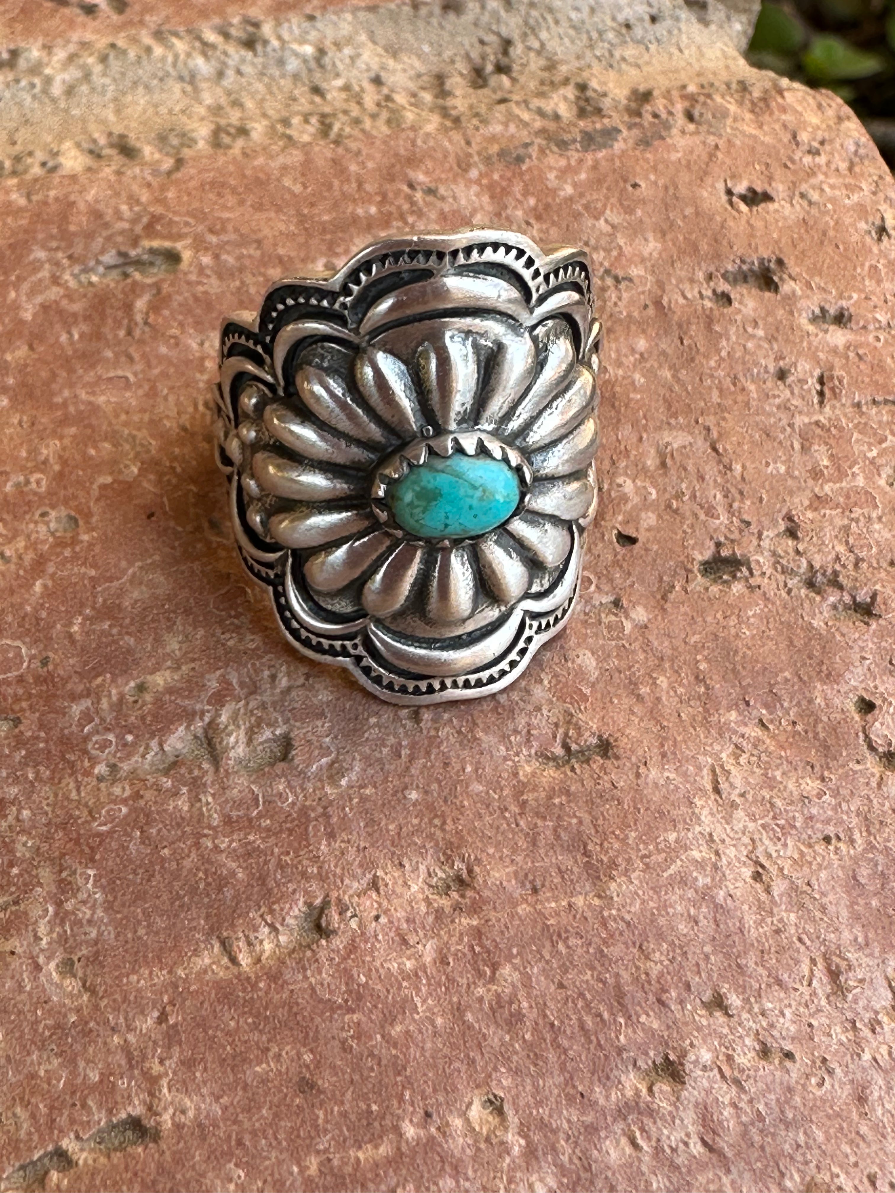 Beautiful Concho Handmade Turquoise And Sterling Silver Adjustable Ring