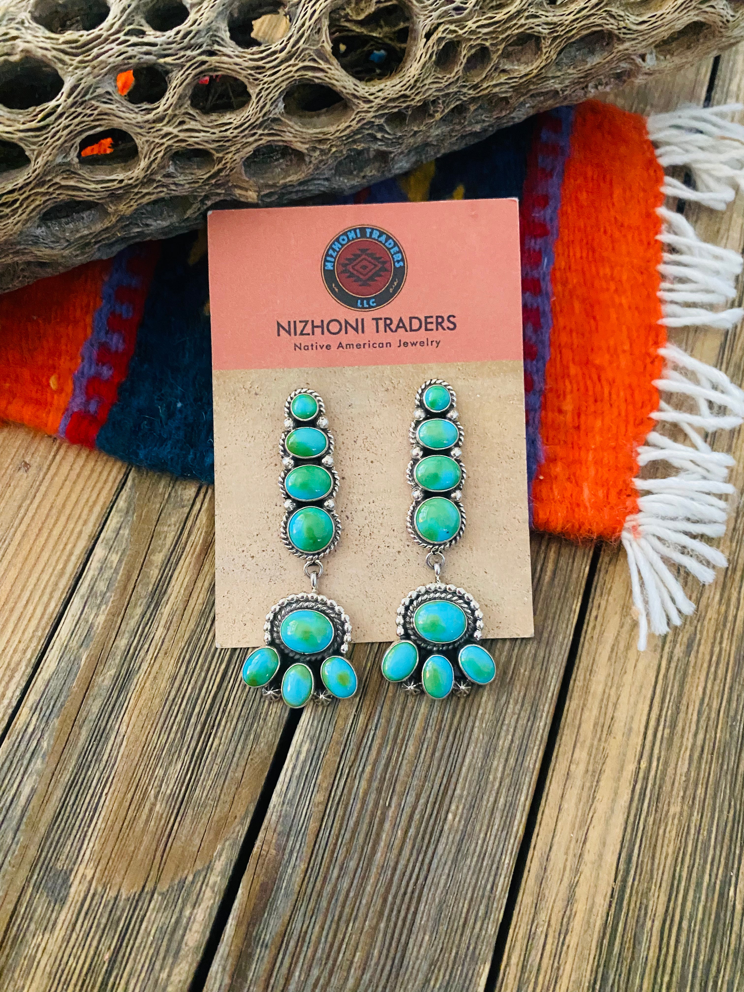 Navajo Sterling Silver & Sonoran Gold Turquoise Dangle Earrings by Lucinda Linkin