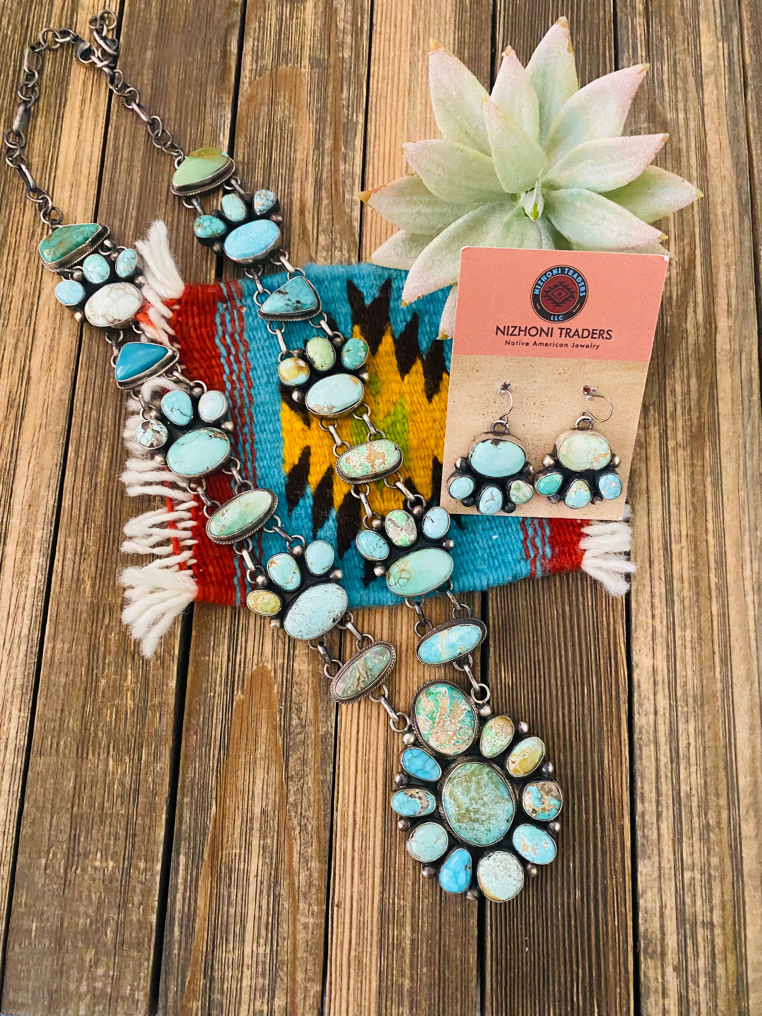 Stunning Navajo Carico Lake Turquoise & Sterling Silver Necklace Set