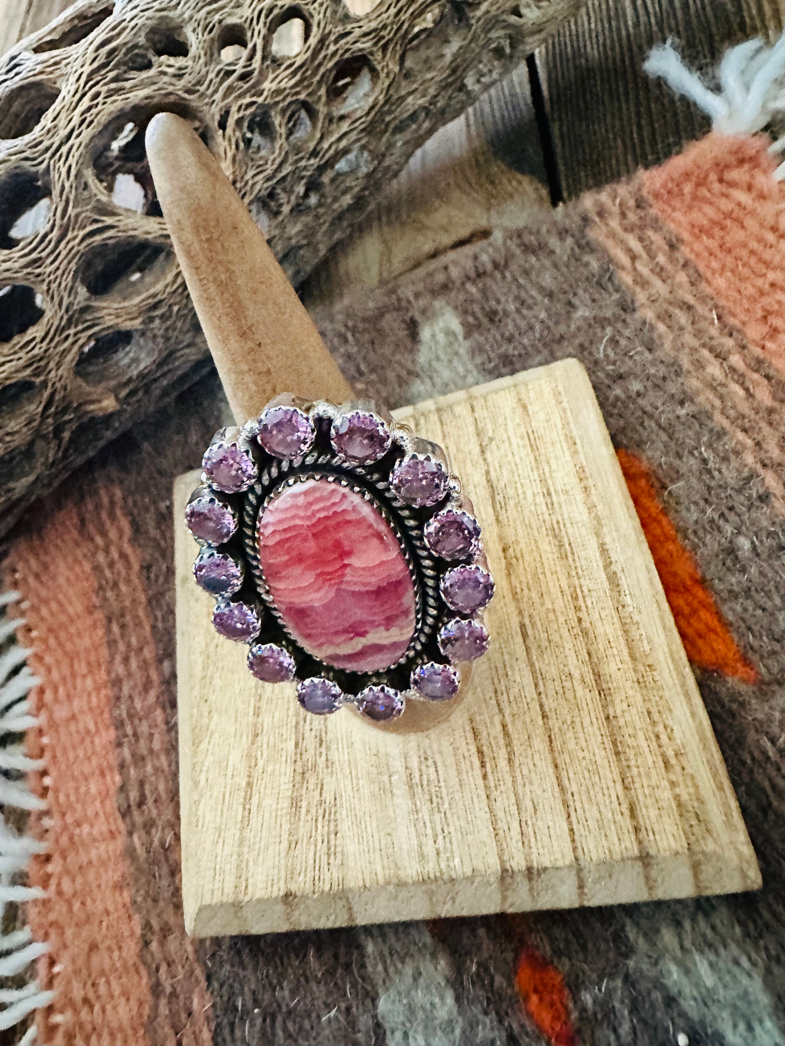 Handmade Sterling Silver, Rhodochrosite & Pink CZ Cluster Adjustable Ring