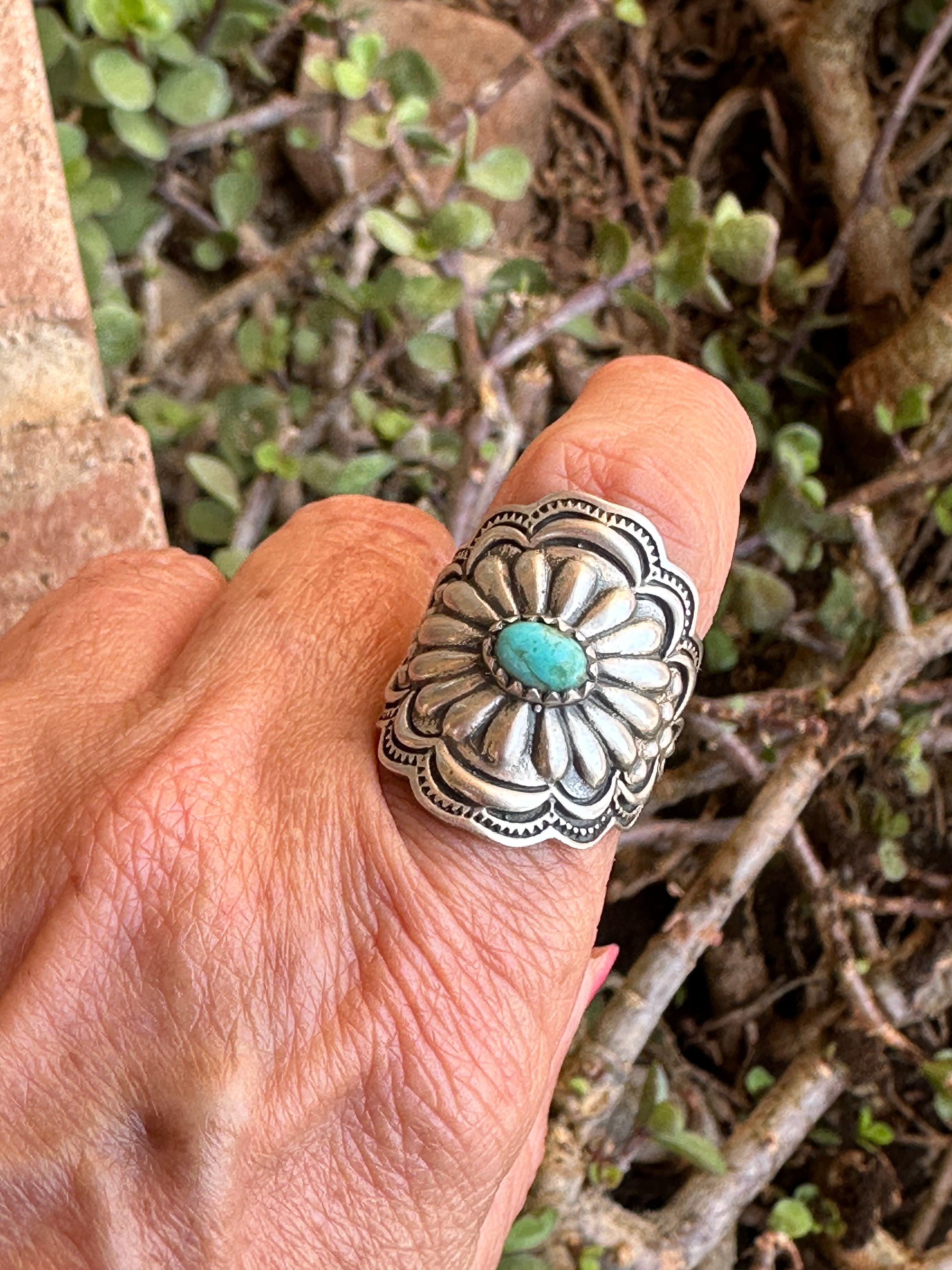 Beautiful Concho Handmade Turquoise And Sterling Silver Adjustable Ring