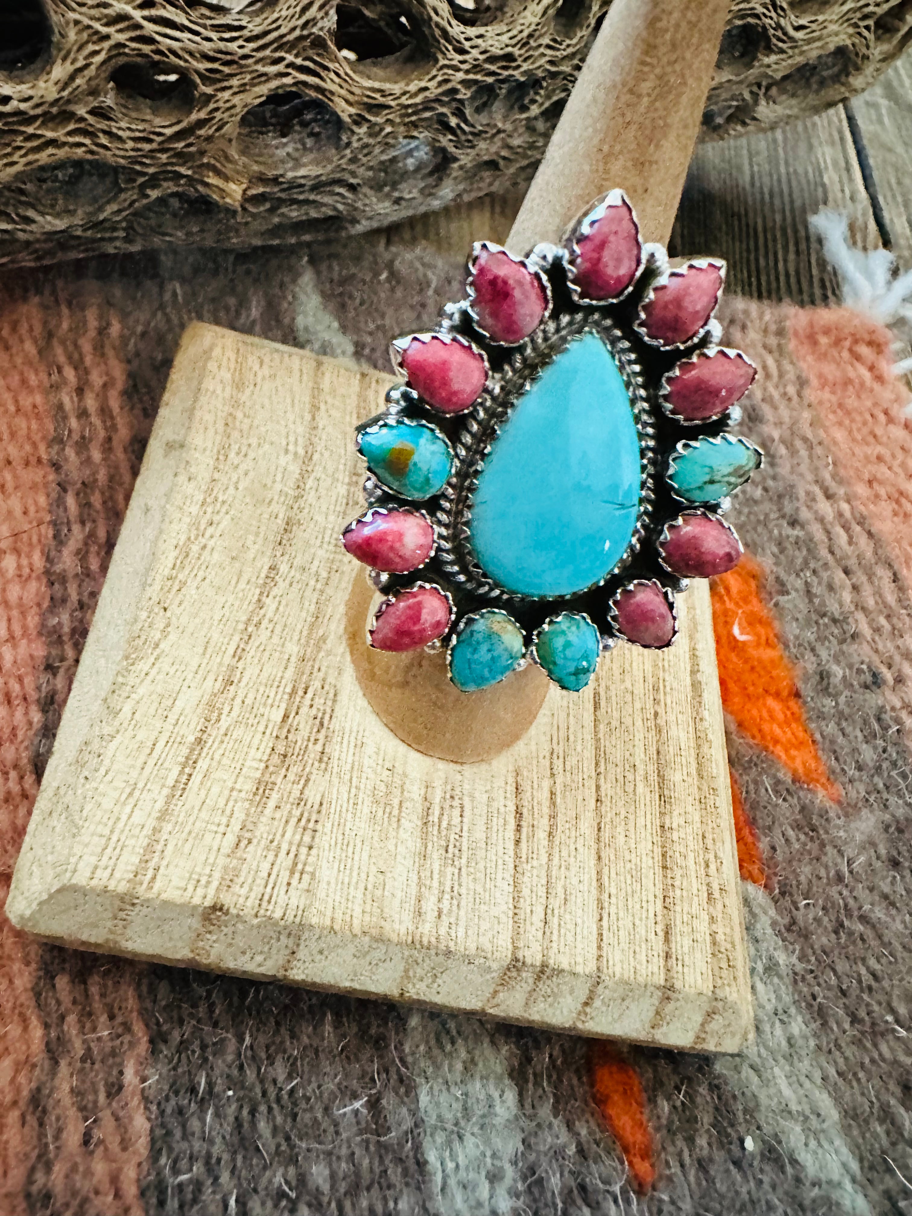 Handmade Sterling Silver, Turquoise & Rhodonite Cluster Adjustable Ring