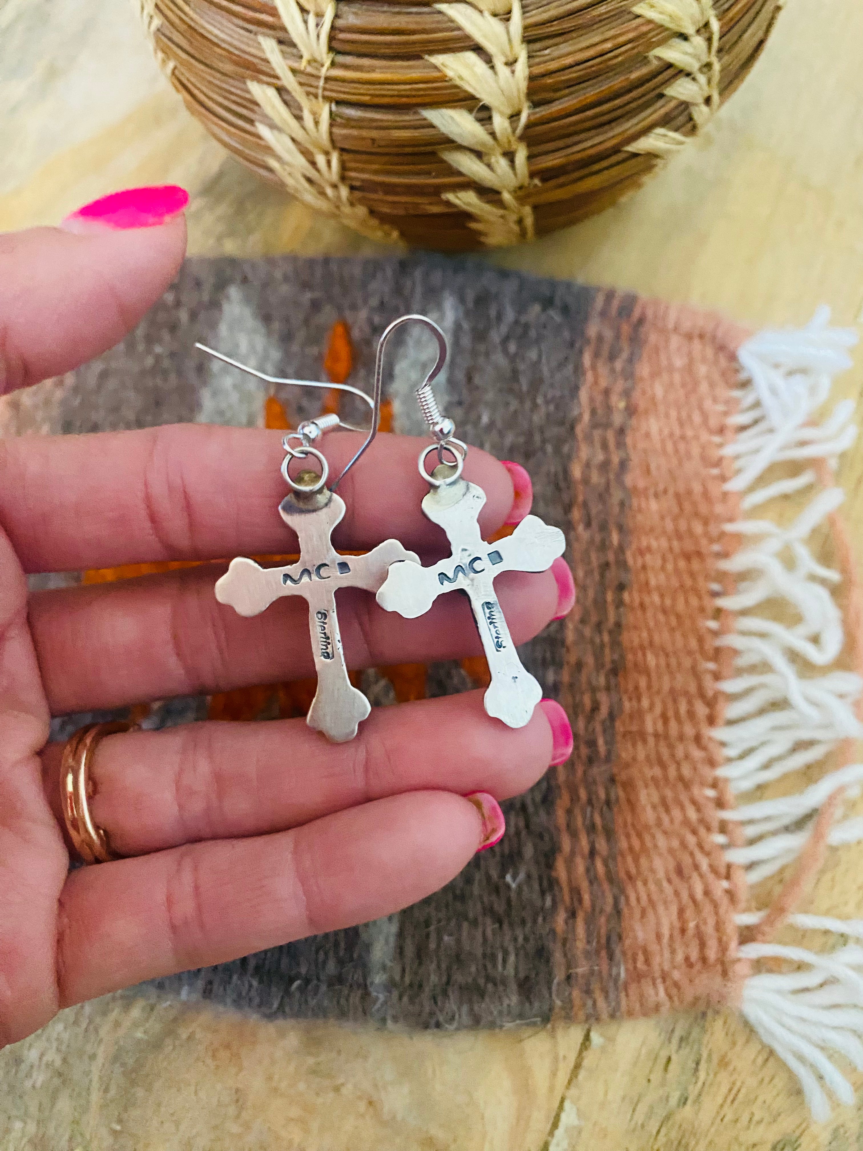 Navajo Sterling Silver & Turquoise Cross Dangle Earrings