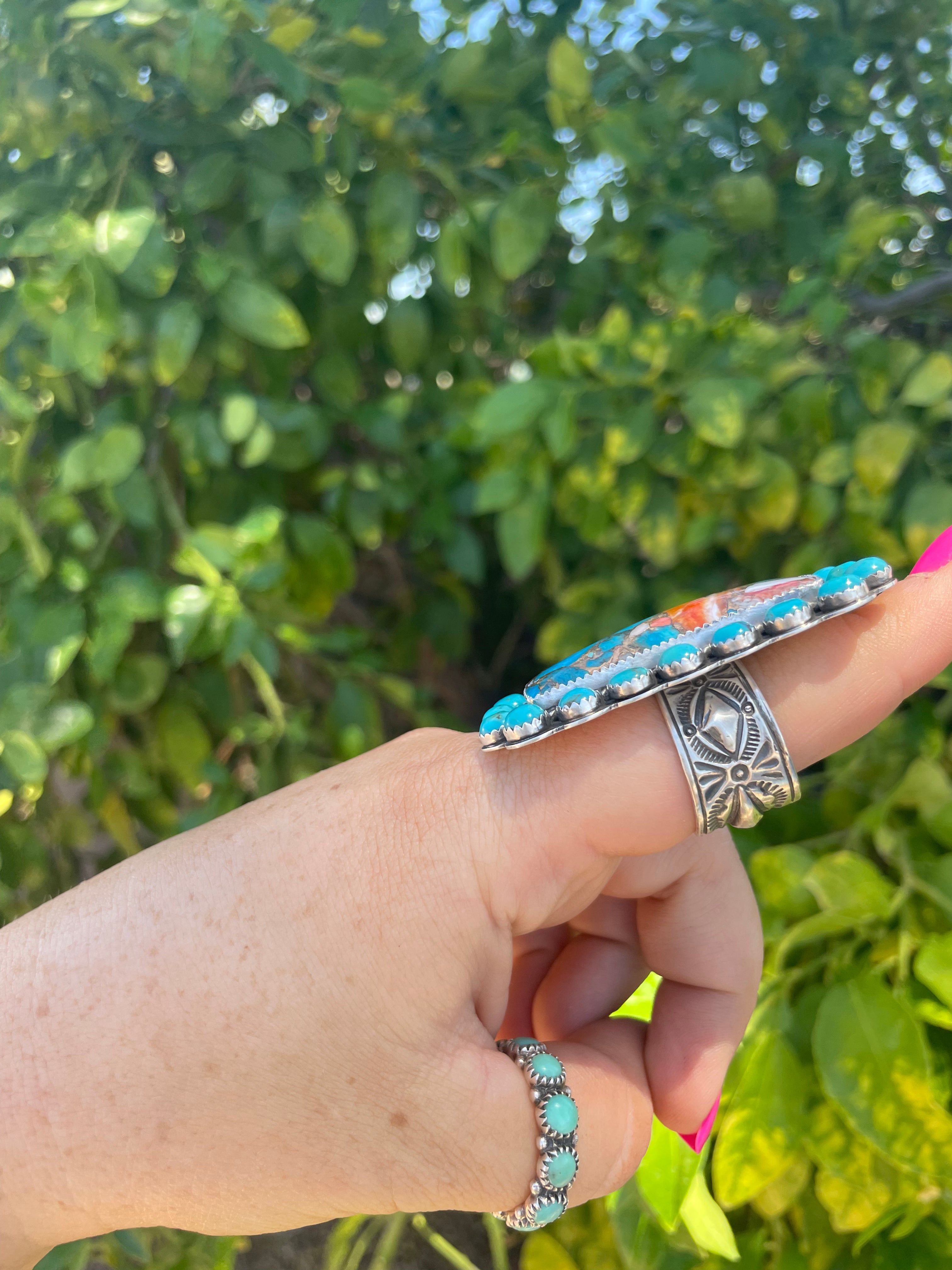 Navajo Turquoise, Orange Dream & Sterling Silver Adjustable Ring Signed P Yazzie