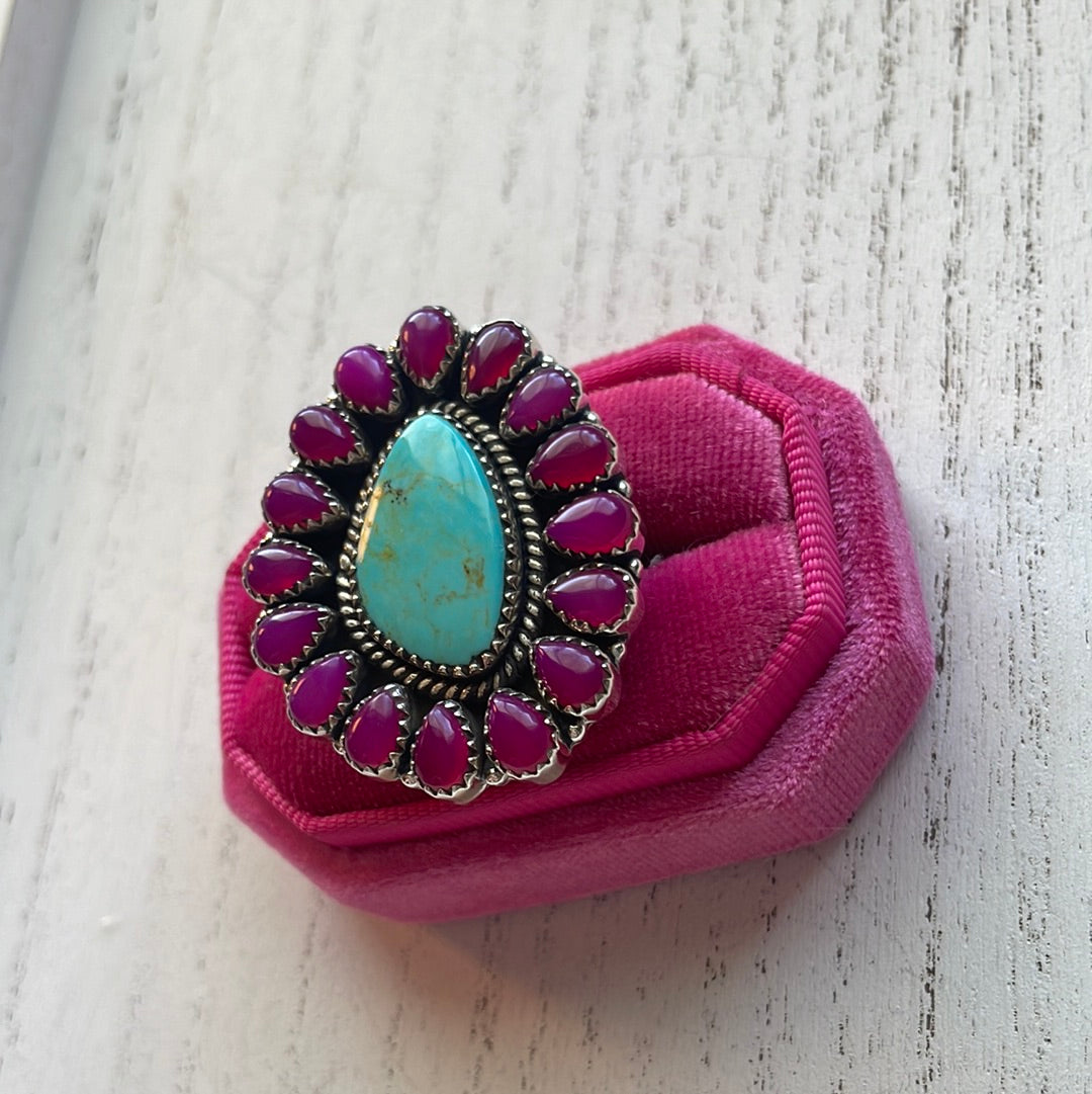 Handmade Pink Onyx & Turquoise Sterling Silver Adjustable Ring Signed Nizhoni