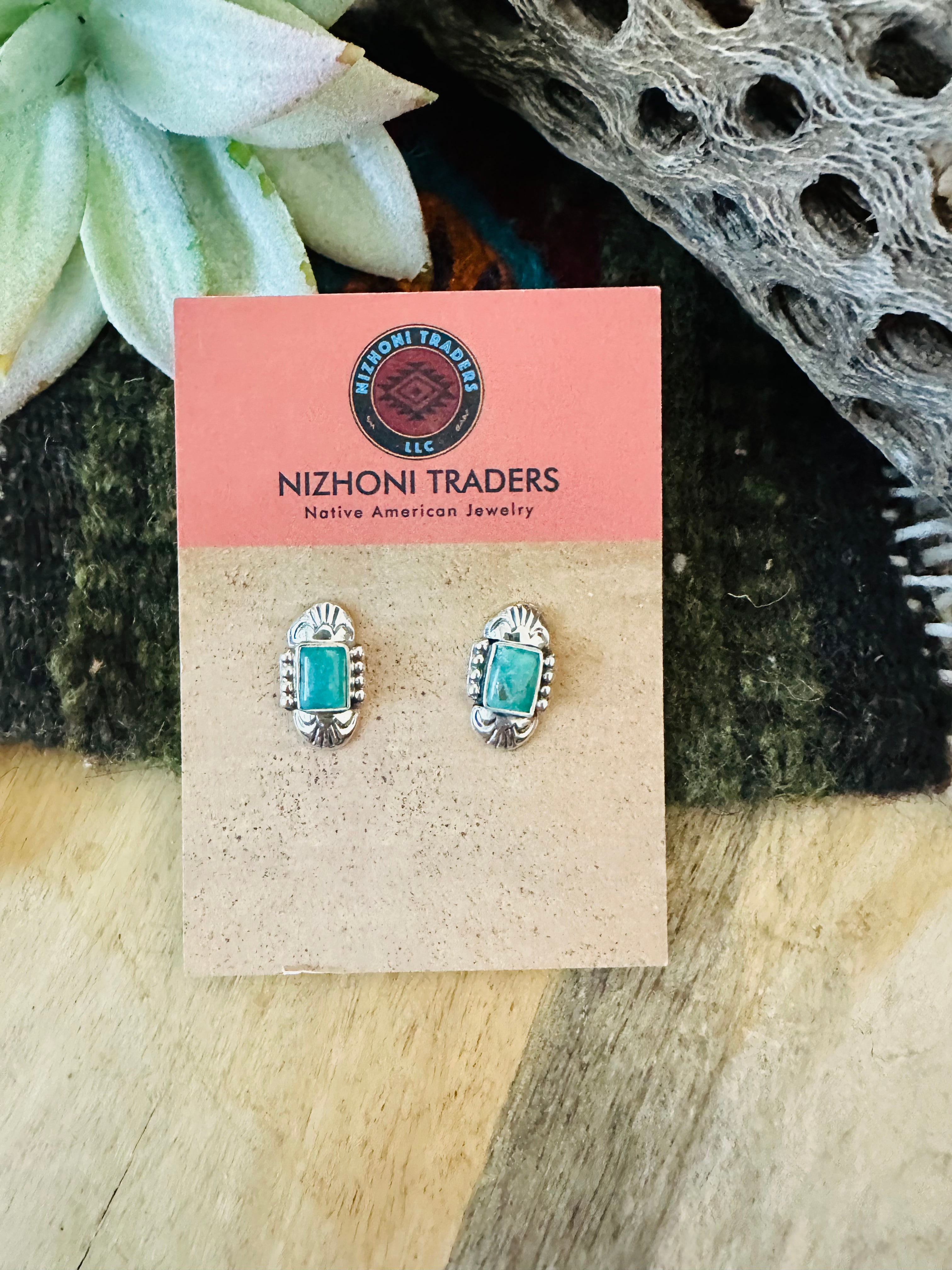 Navajo Turquoise & Sterling Silver Rectangle Stud Earrings