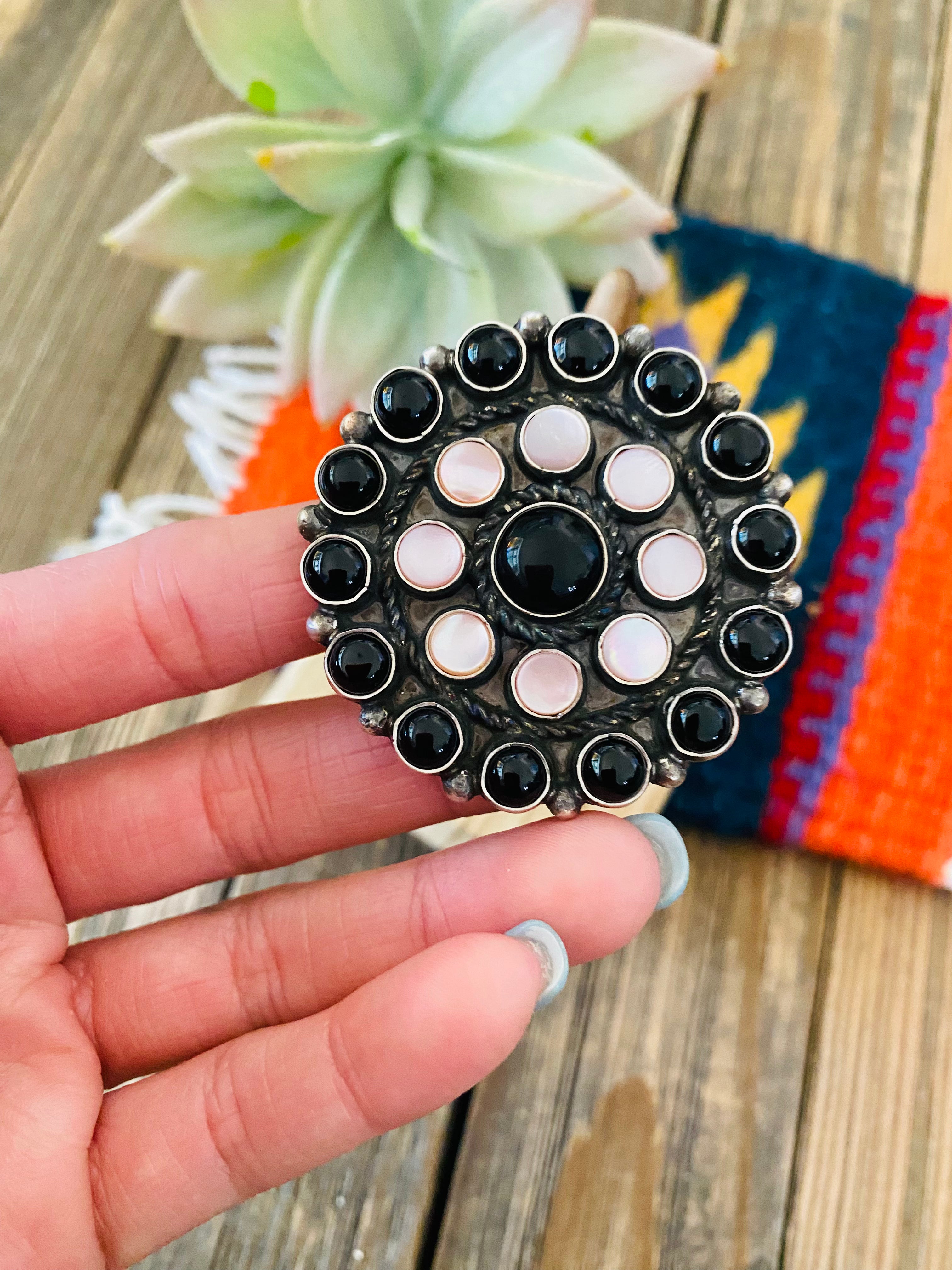 Navajo Sterling Silver, Onyx & Mother of Pearl Cluster Ring Size 9