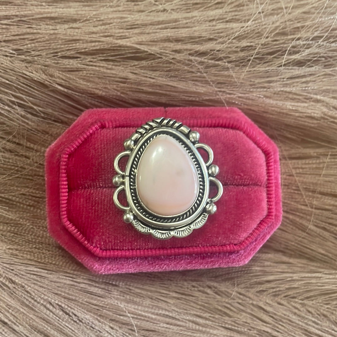 Gorgeous Navajo Pink Peruvian Opal And Sterling Silver Adjustable Ring