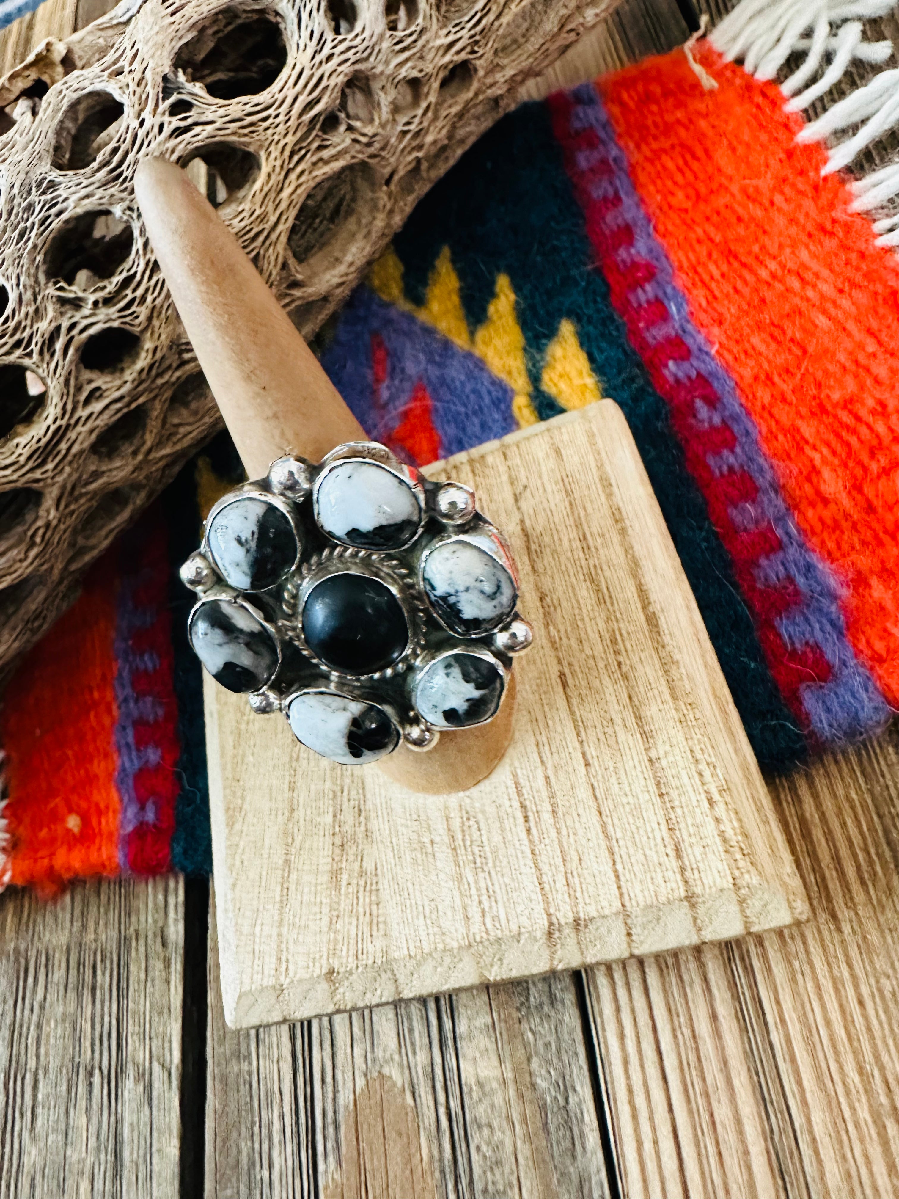 Navajo Sterling Silver And White Buffalo Cluster Adjustable Ring