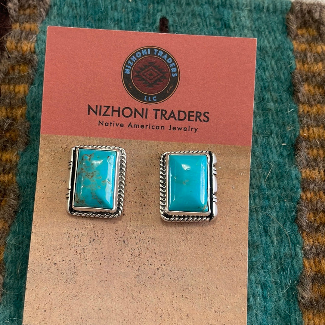 Navajo Turquoise & Sterling Silver Rectangle Earrings Signed