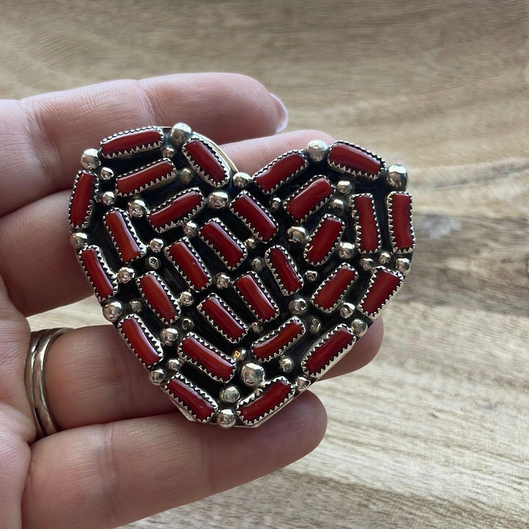 Navajo Coral Sterling Silver Adjustable Heart Ring Signed