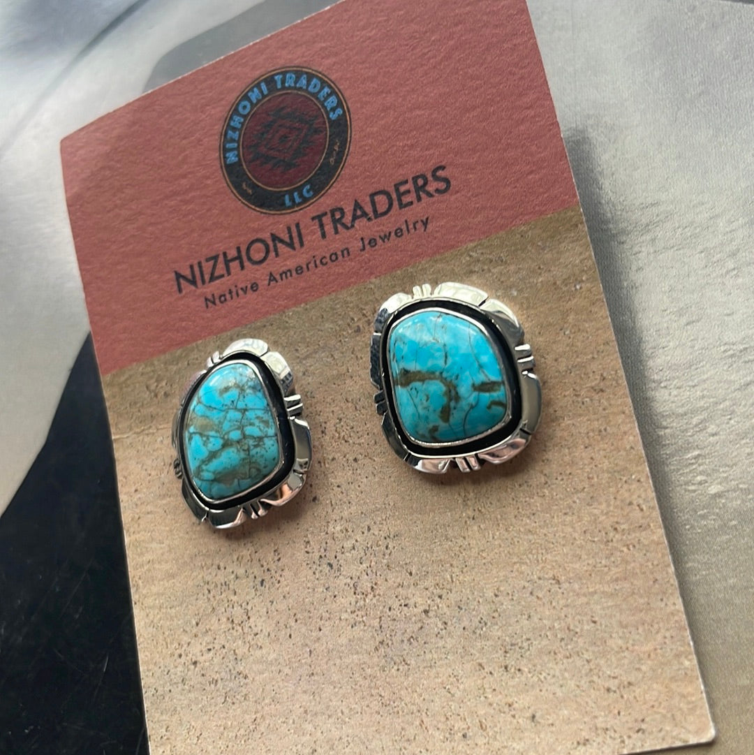 Navajo Turquoise And Sterling Silver Post Square Earrings