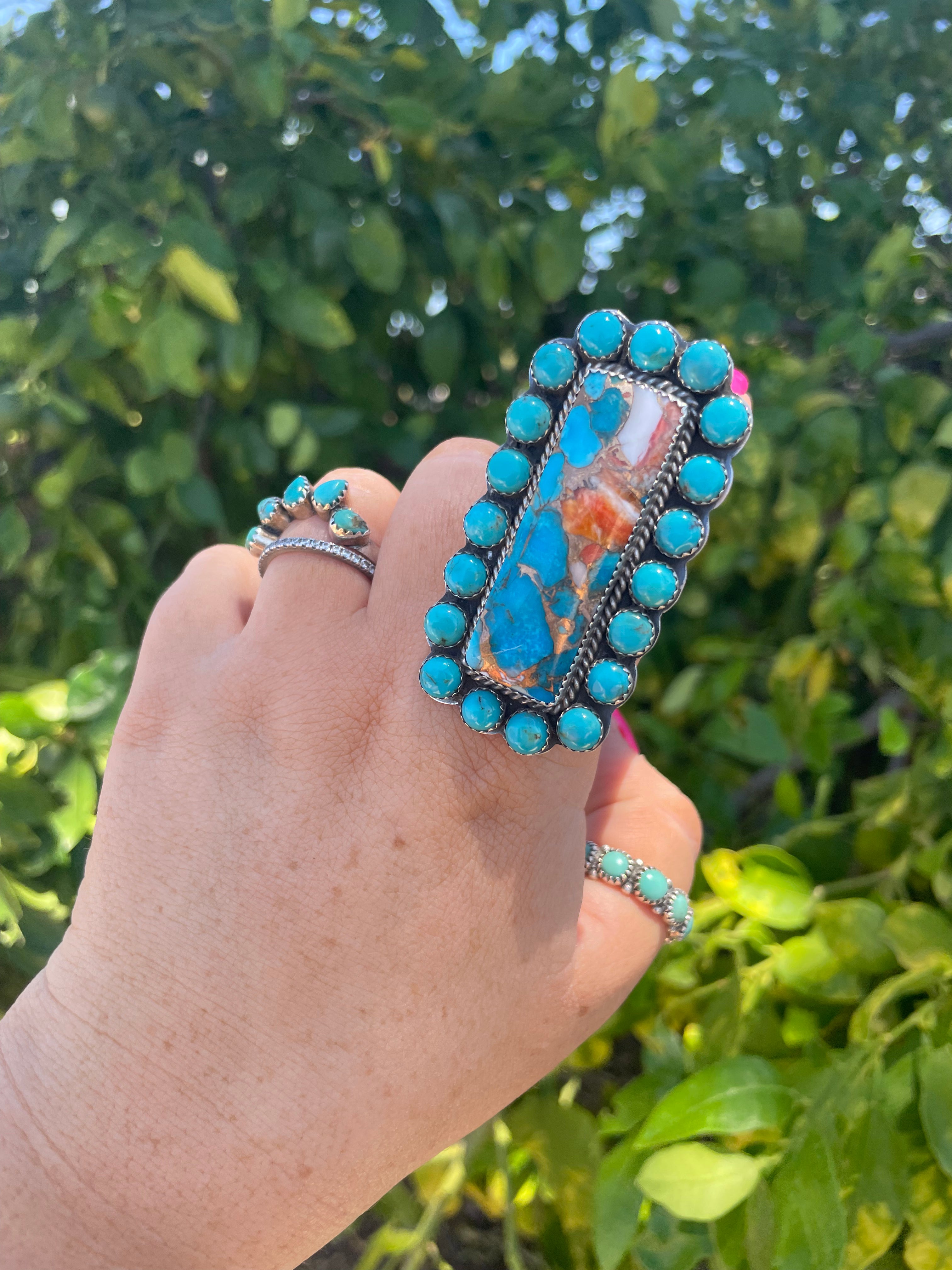 Navajo Turquoise, Orange Dream & Sterling Silver Adjustable Ring Signed P Yazzie