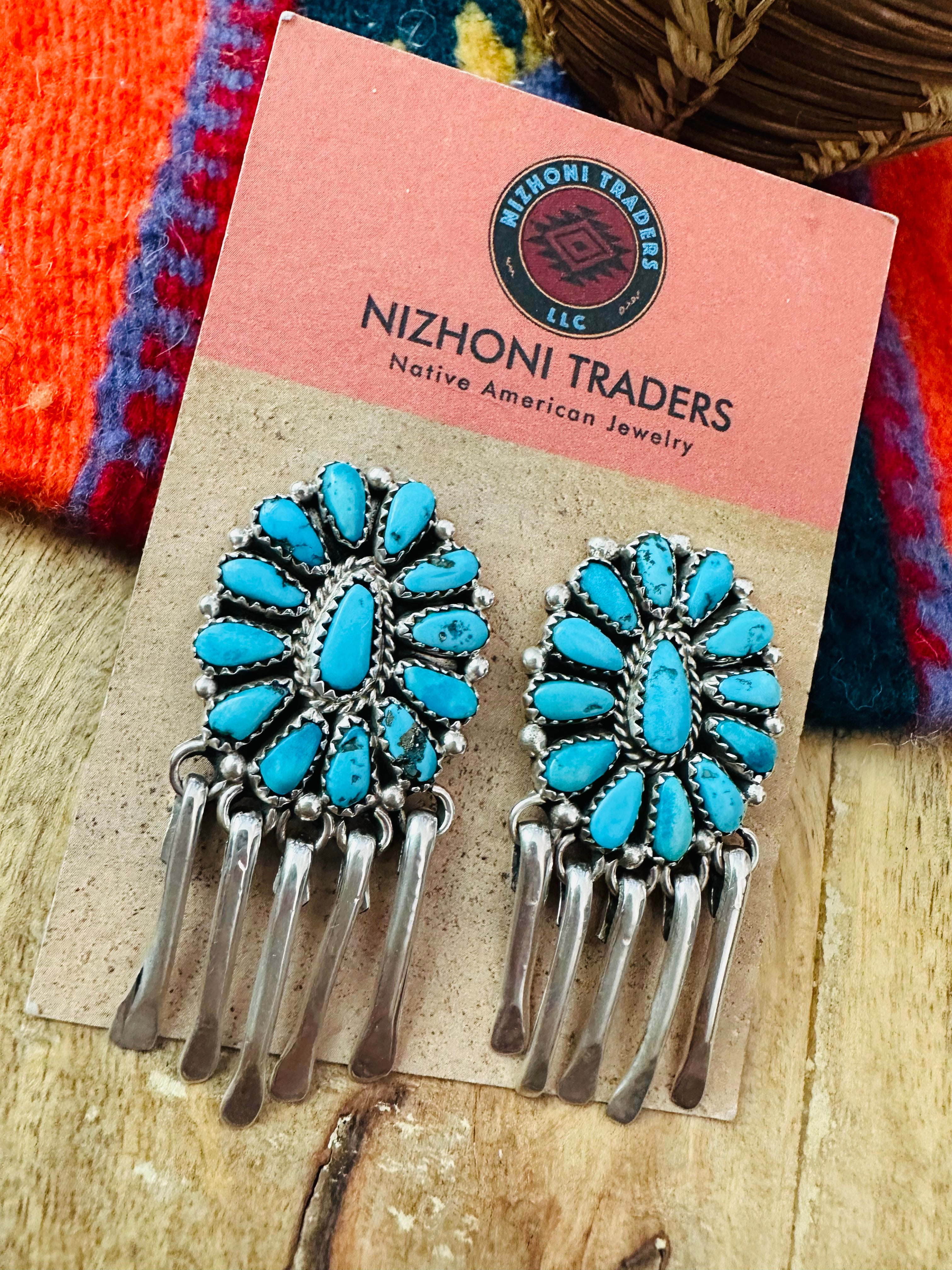 Navajo Sterling Silver & Turquoise Cluster Dangle Earrings