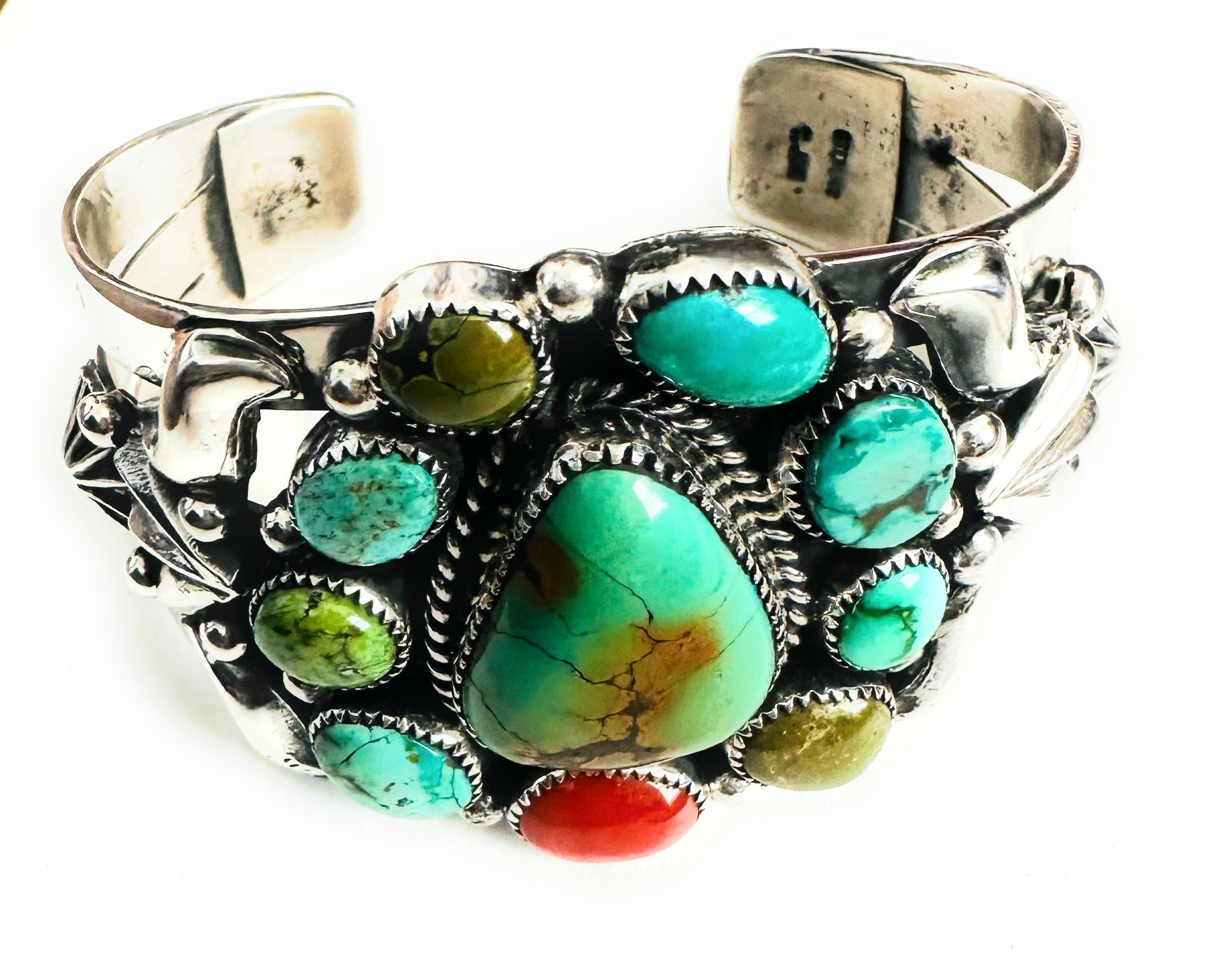 Navajo Old Pawn Turquoise, Coral & Sterling Silver Cuff Bracelet