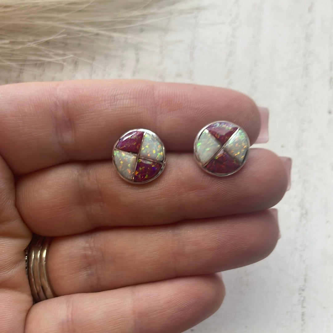 Navajo White & Pink Opal Inlay & Sterling Silver Stud Earrings