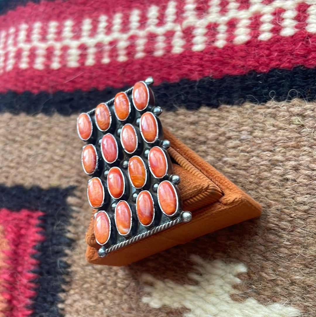 Navajo Sterling Silver & Orange Spiny Cluster Ring Size 8 Signed Jacquline Silver