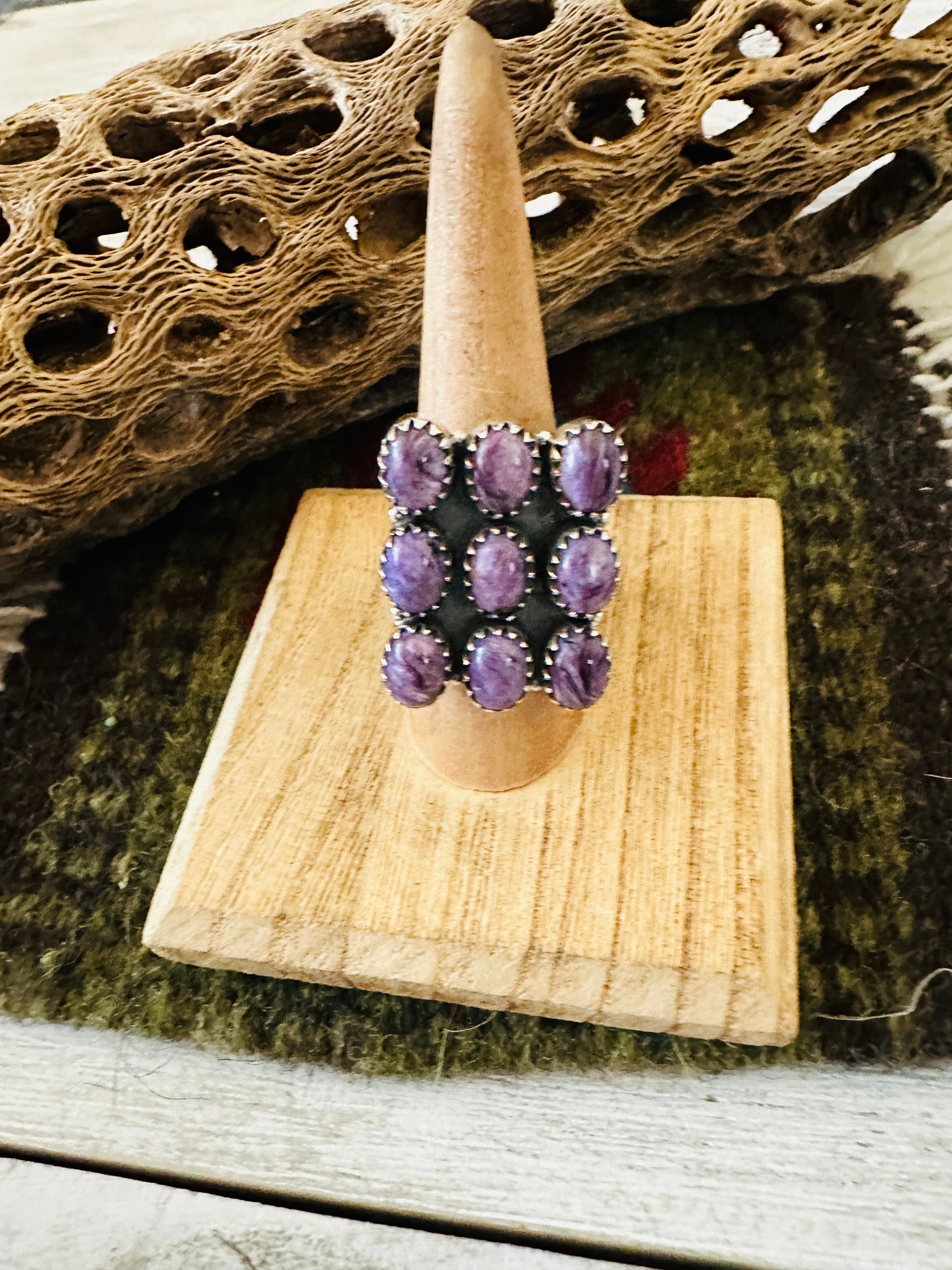 Handmade Sterling Silver & Charoite Cluster Adjustable Ring