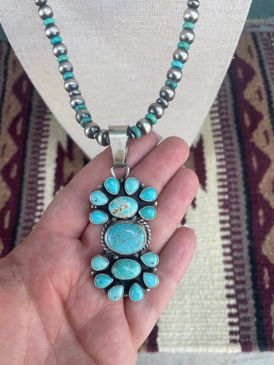 Beautiful Beaded Navajo Sterling Silver and Turquoise Necklace Signed Sheila Becenti