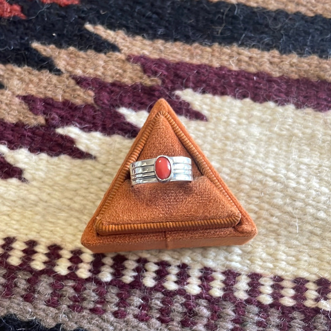 Navajo Made Sterling Silver Single Stone Coral Band Ring