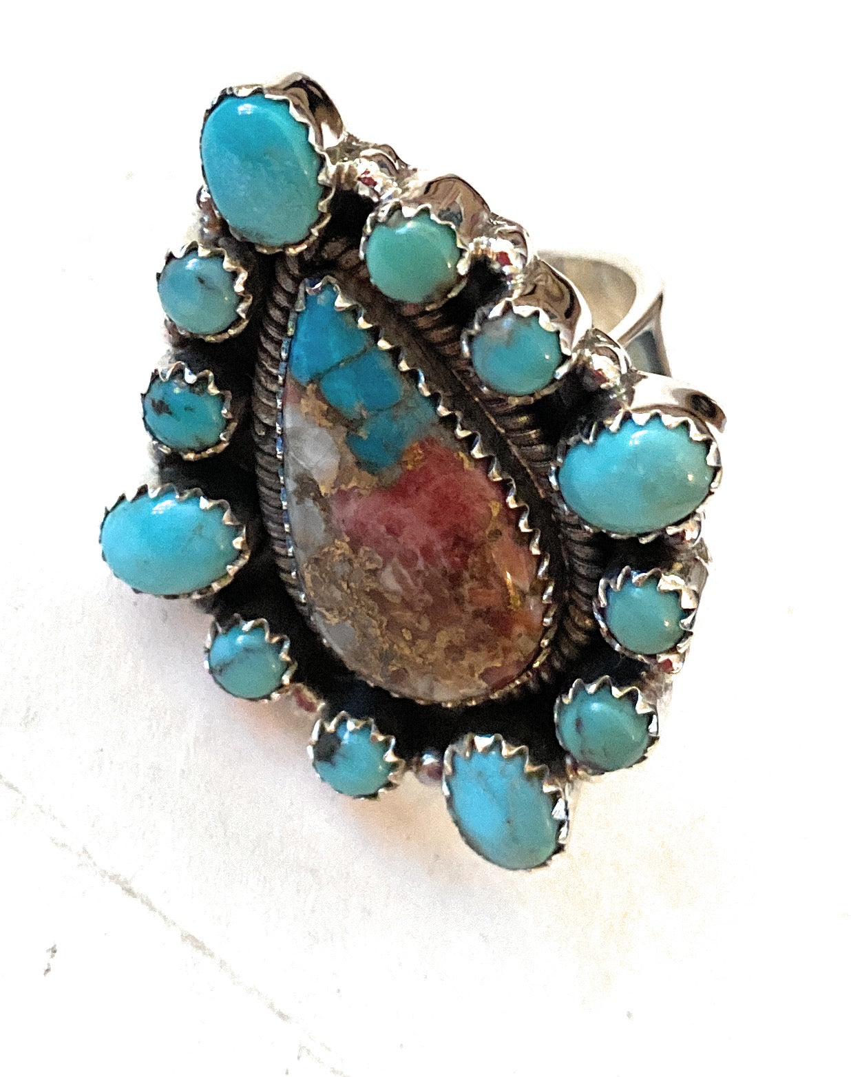 Handmade Sterling Silver, Pink Dream & Turquoise Cluster Adjustable Ring