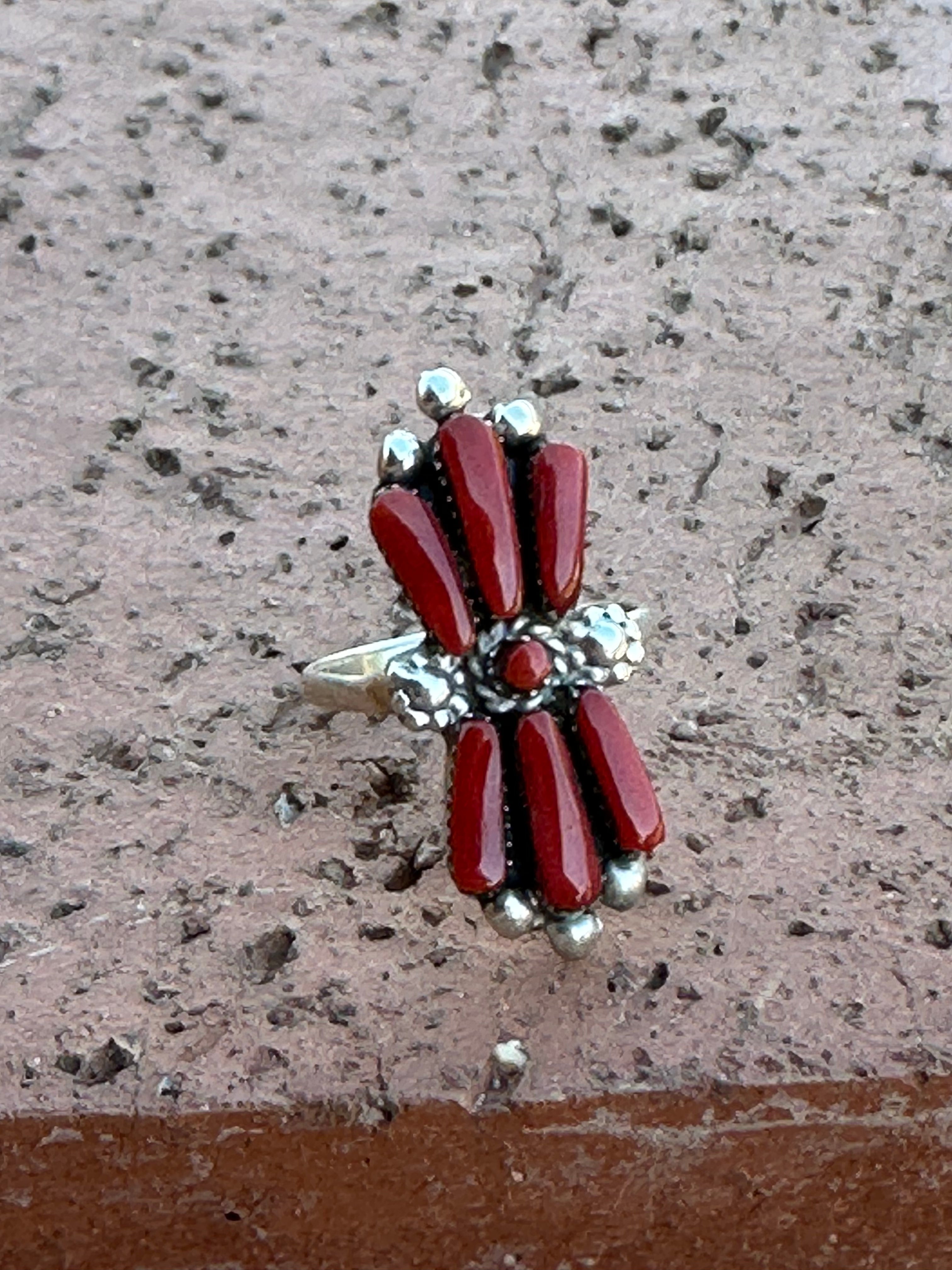 Zuni Sterling Silver & Coral Needlepoint Ring