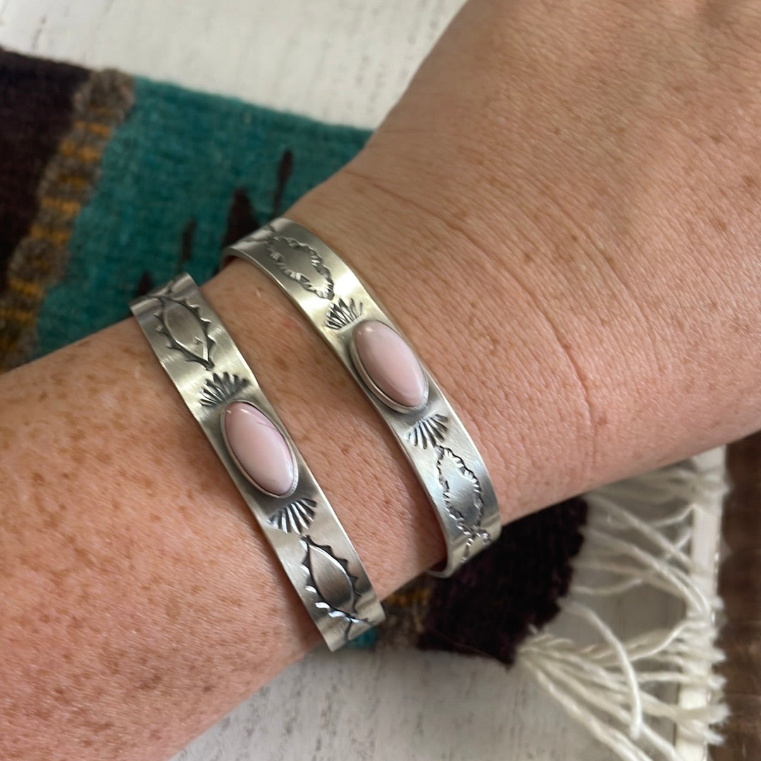 Navajo Pink Conch & Sterling Silver Adjustable Cuff Bracelet Signed