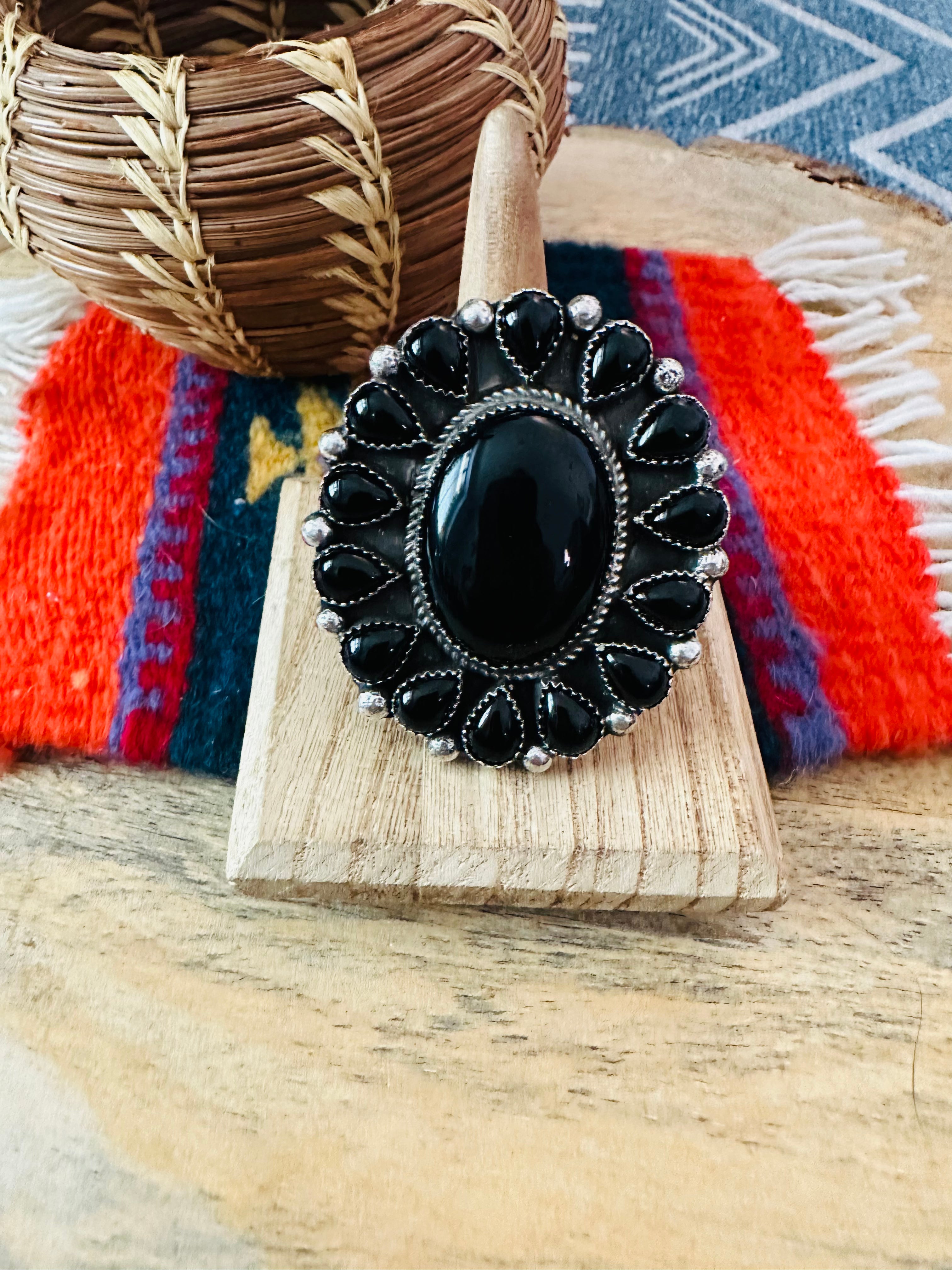 Navajo Sterling Silver & Black Onyx Cluster Adjustable Ring