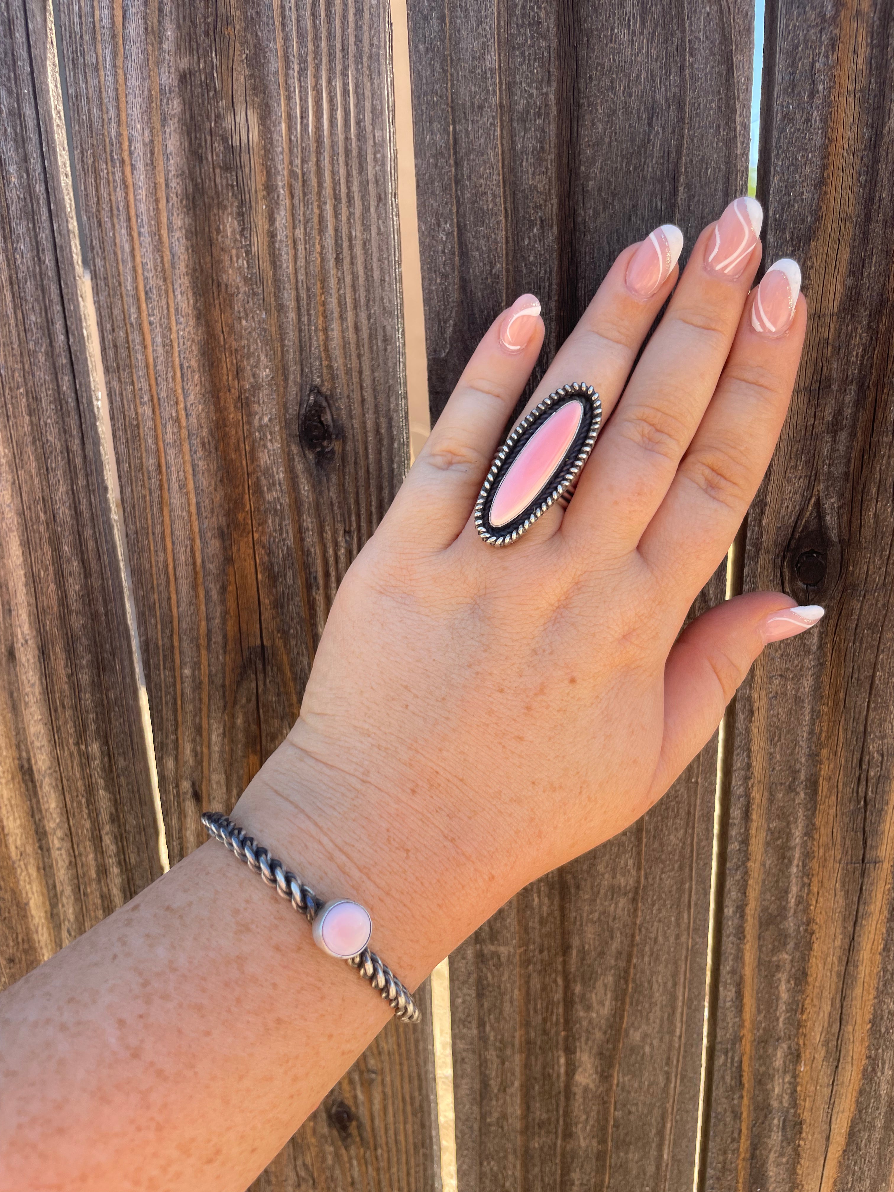 Navajo Circle Pink Conch & Sterling Silver Adjustable Cuff Bracelet