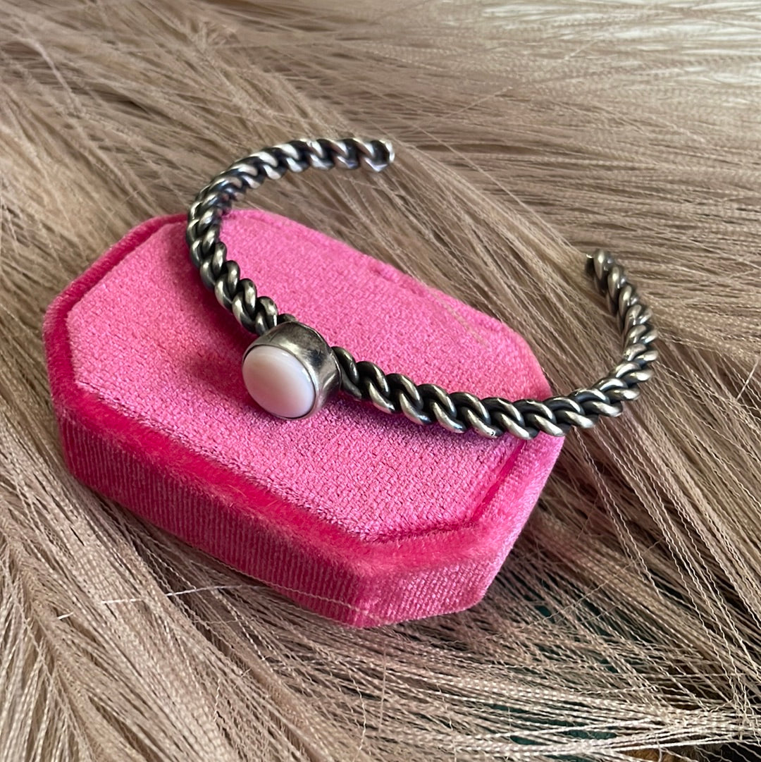 Navajo Circle Pink Conch & Sterling Silver Adjustable Cuff Bracelet