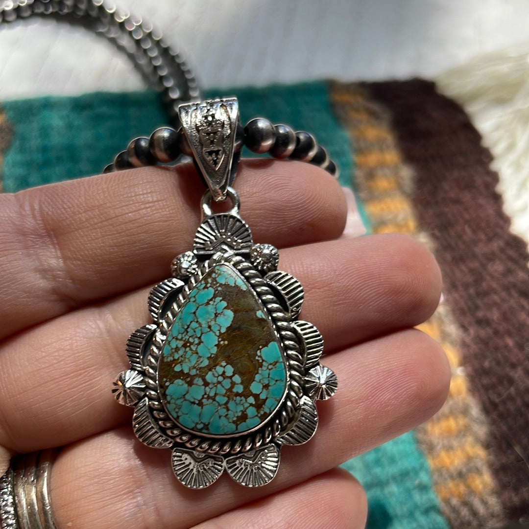 Handmade Sterling Silver & Number 8 Turquoise Pendant Signed Nizhoni