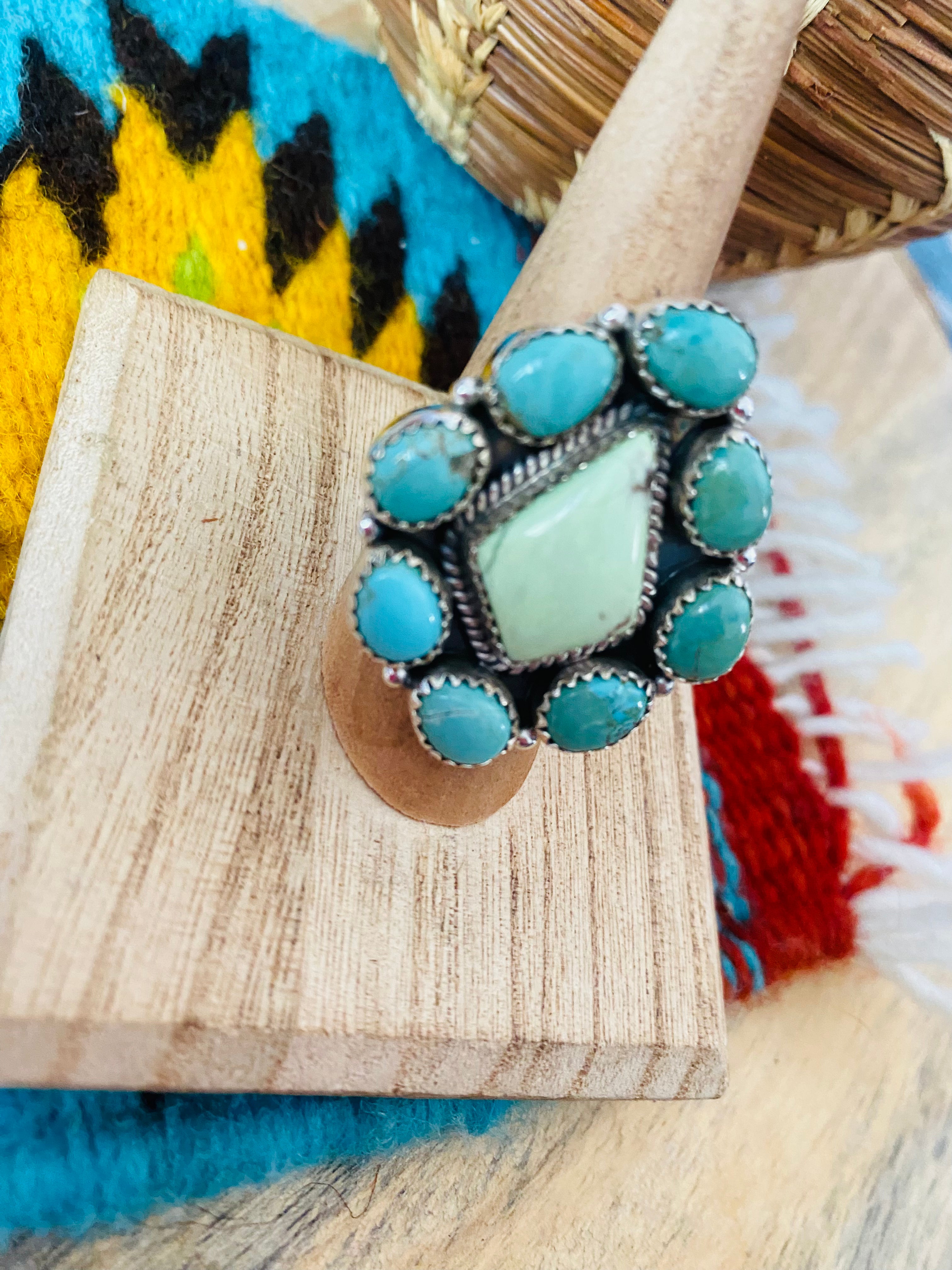 Handmade Sterling Silver, Variscite & Turquoise Cluster Adjustable Ring