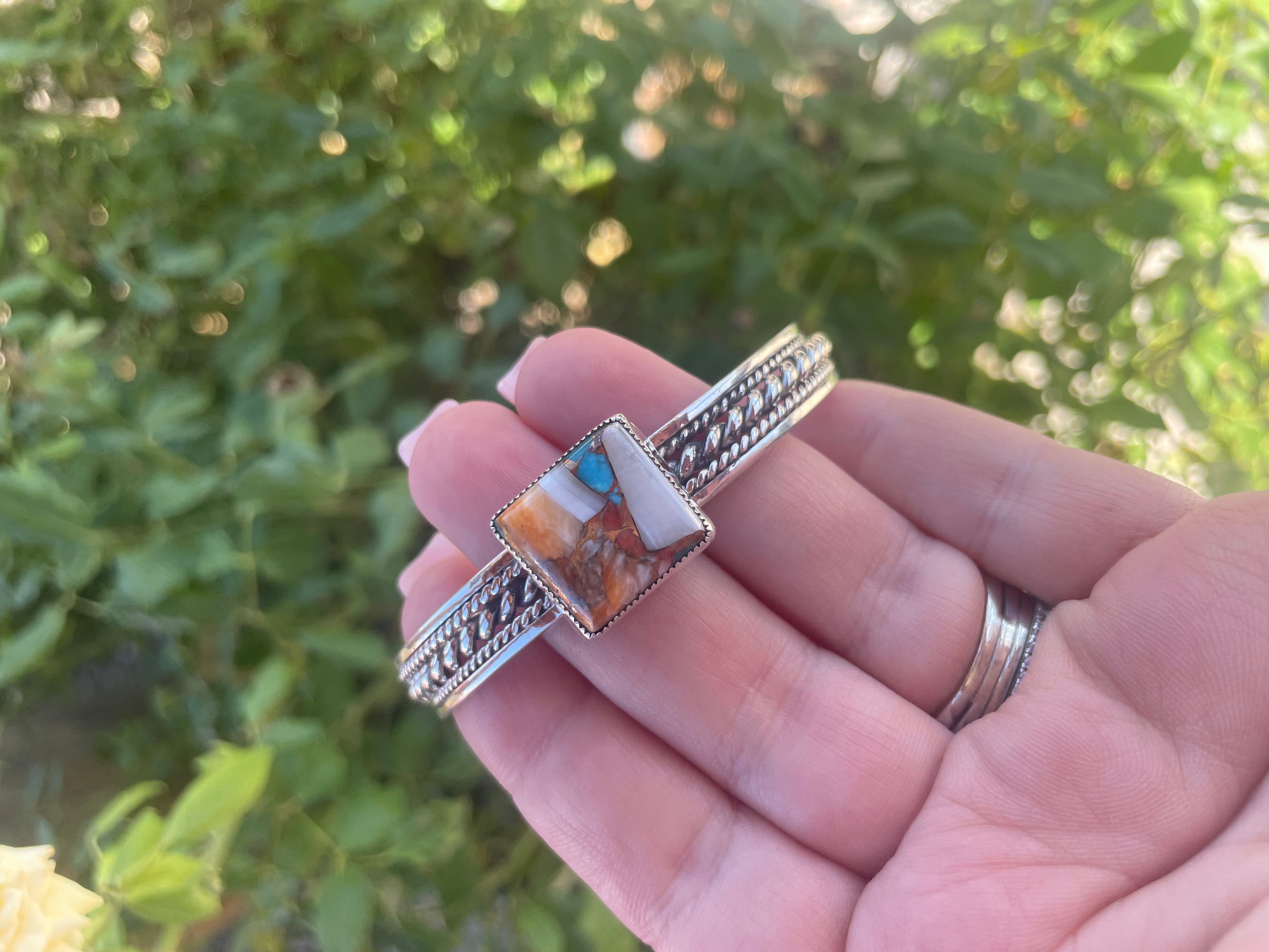 Navajo Spice And Sterling Silver Square Bar Adjustable Bracelet Cuff