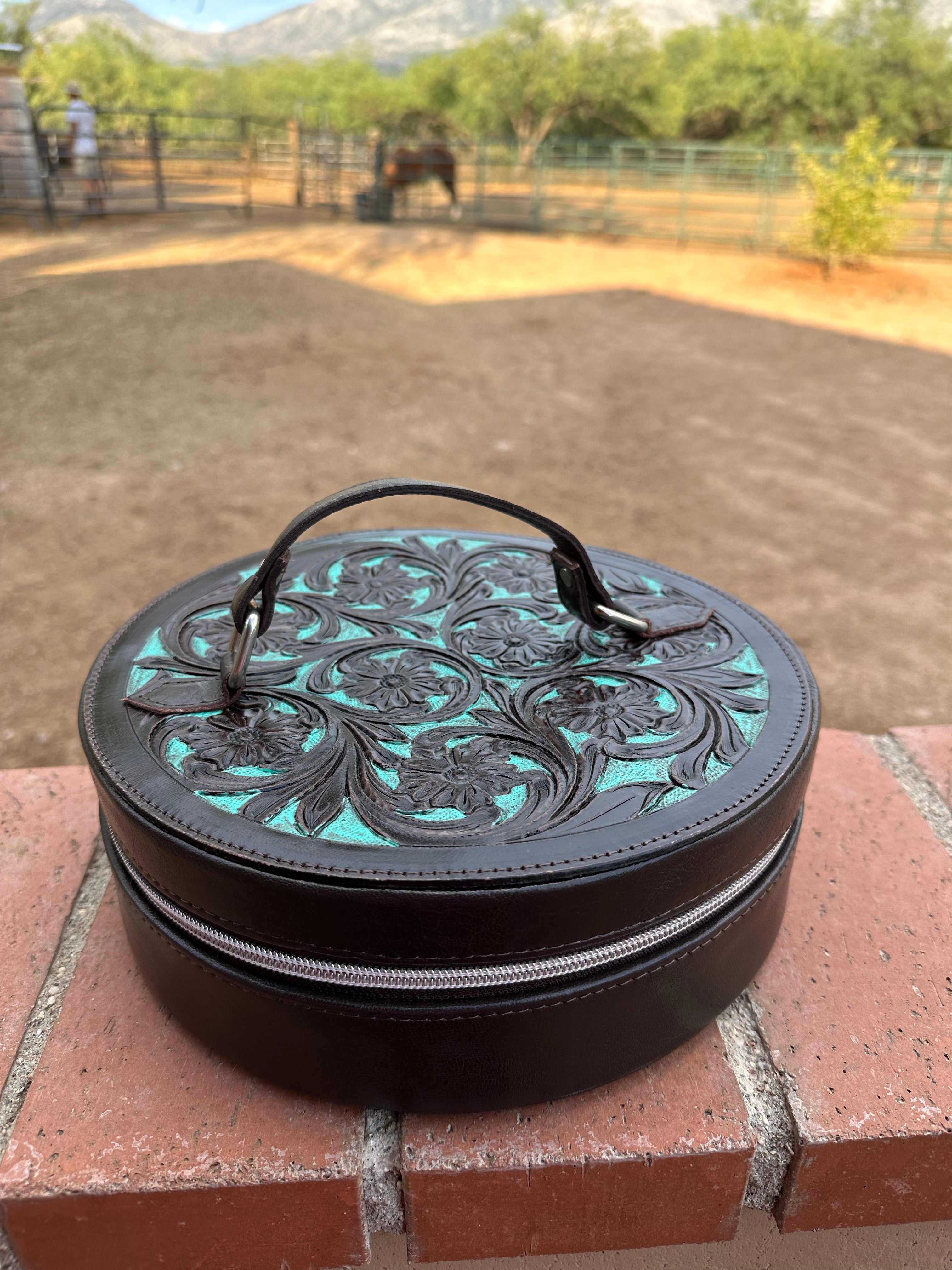 Chocolate Leather and Turquoise Travel Round Case