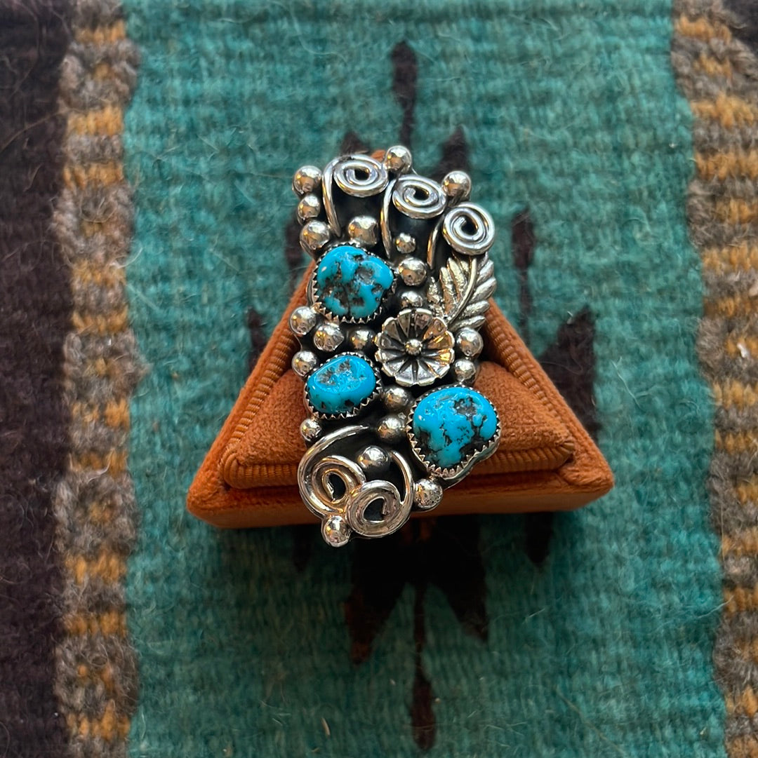 Navajo Sterling Silver & Turquoise Flower Ring Size 12