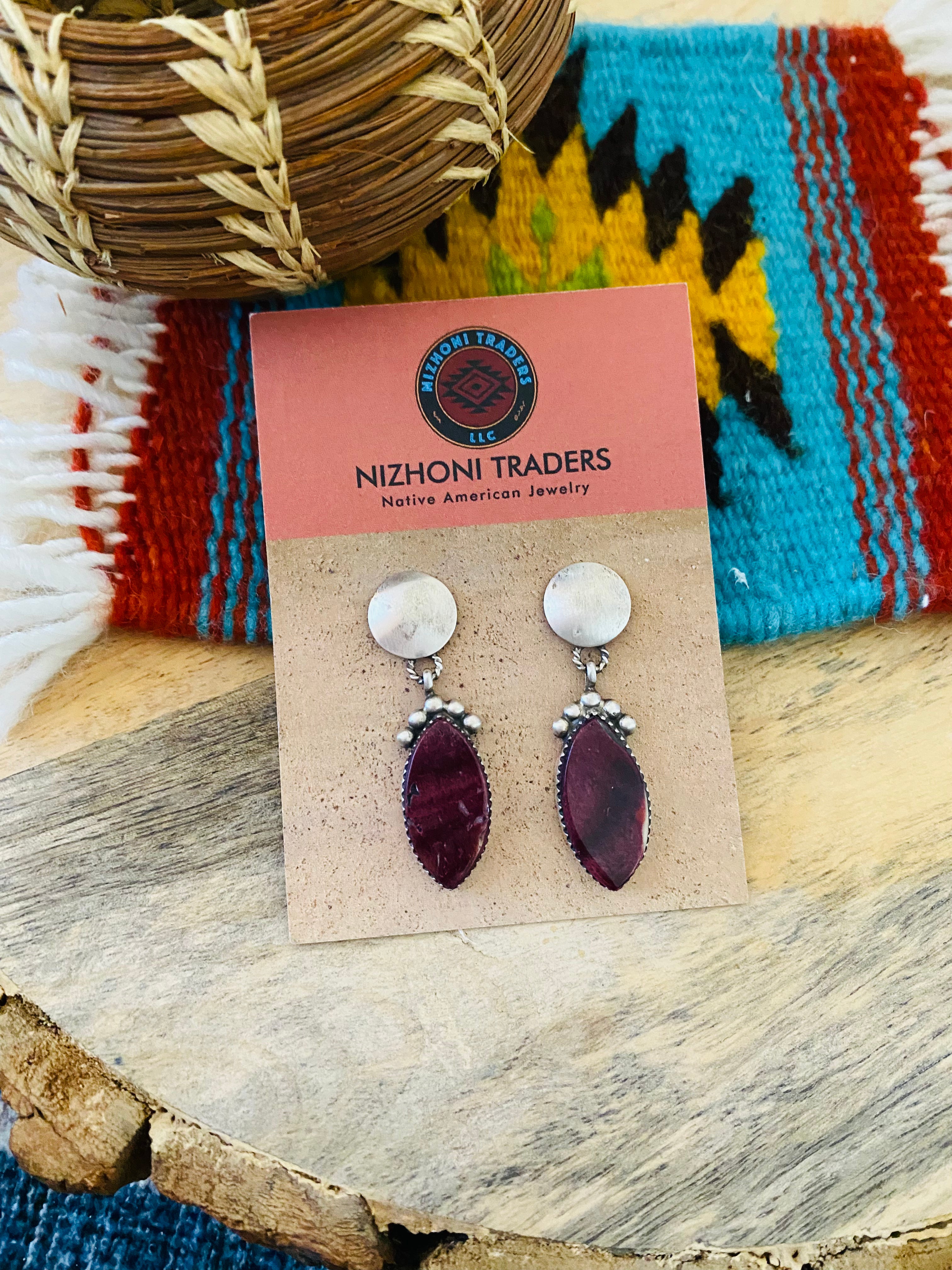 Navajo Sterling Silver & Purple Spiny Dangle Earrings