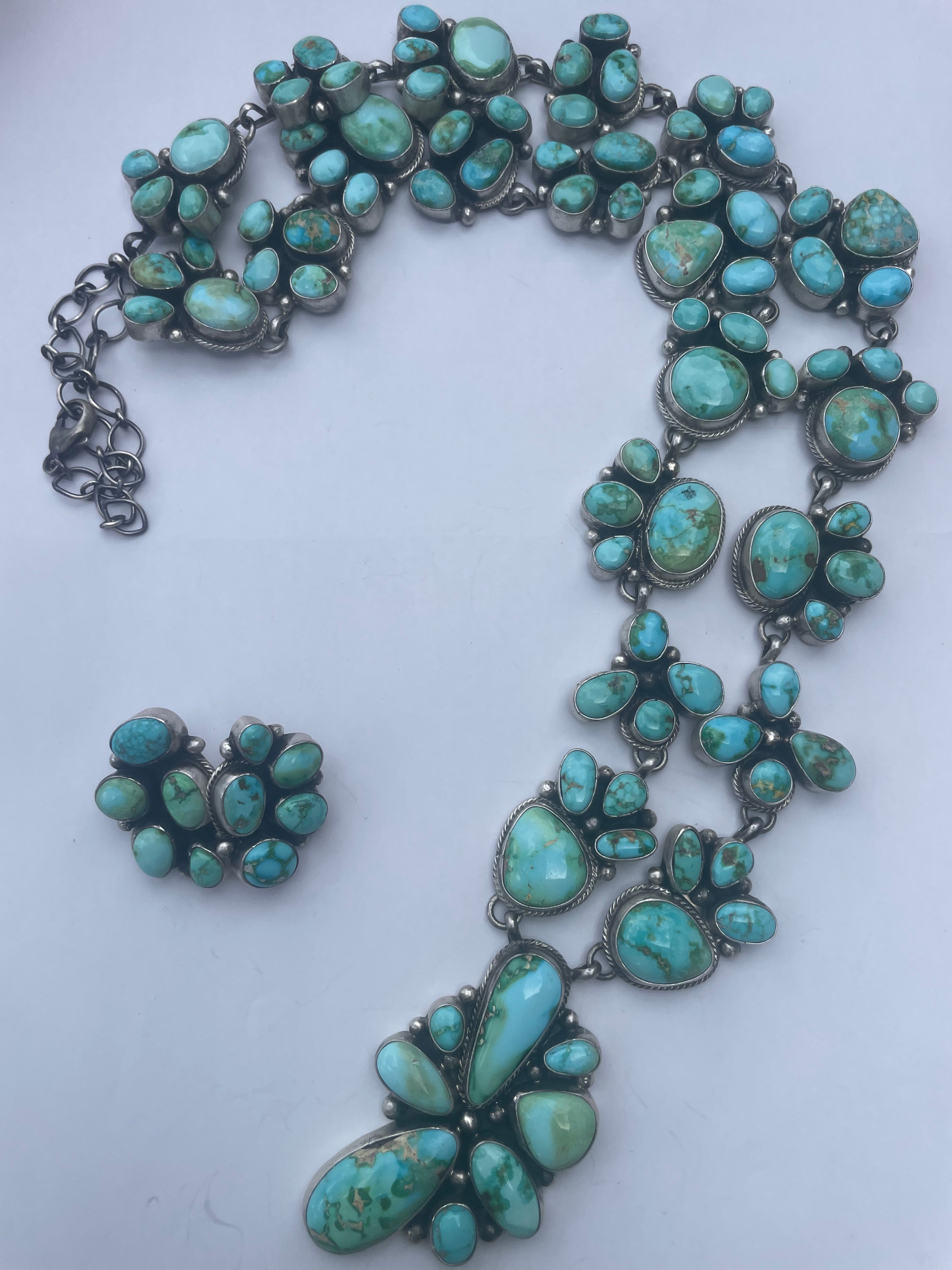 Beautiful Navajo Sterling Silver Sonoran Mountain Turquoise Necklace & Earring Set Signed Travis J