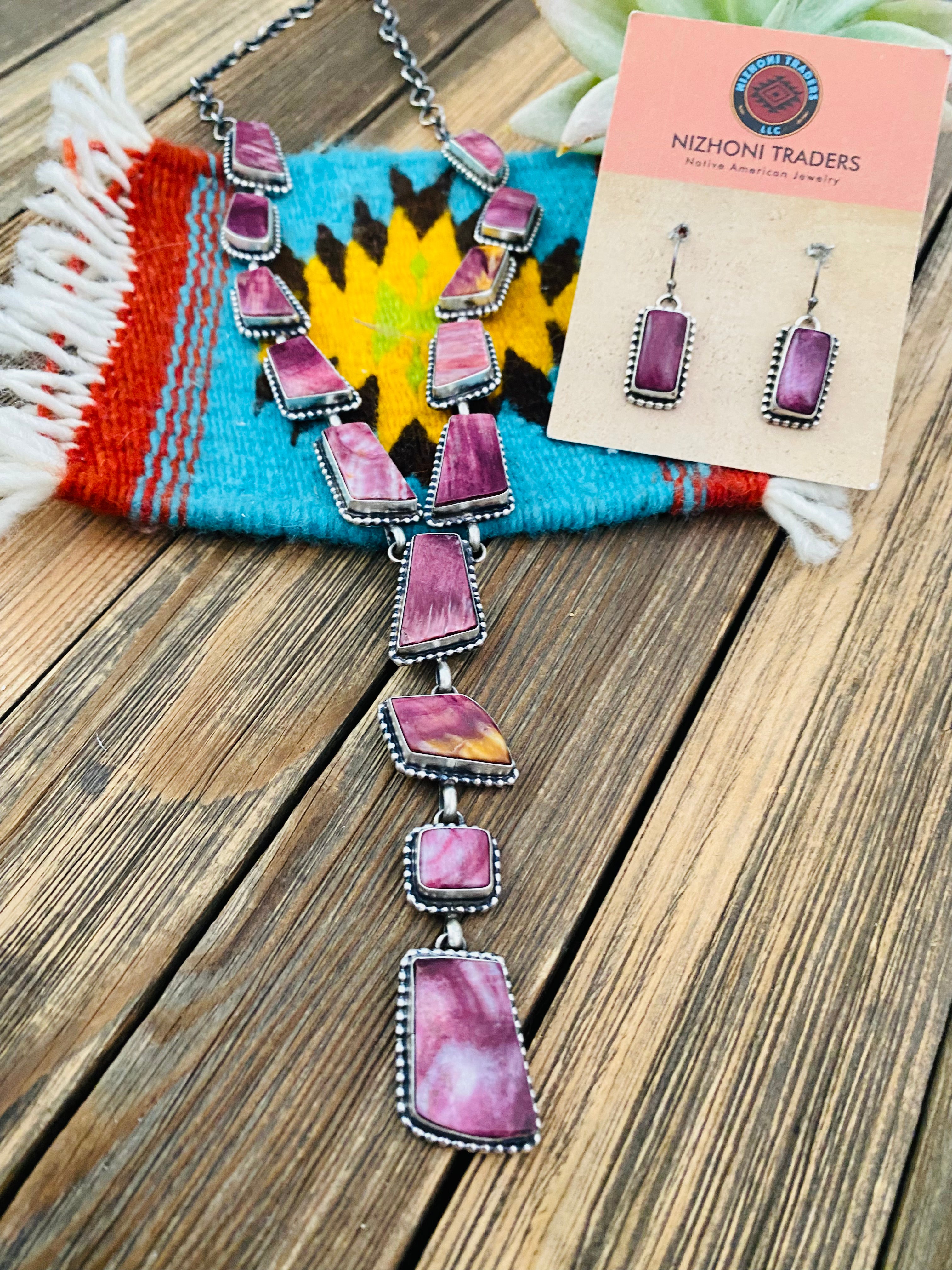 Navajo Sterling Silver & Purple Spiny Lariat Necklace Set