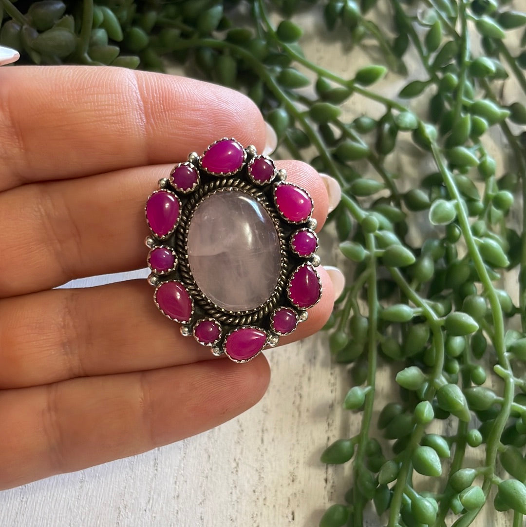 Nizhoni Handmade Rose Quartz, Pink Onyx And Sterling Silver Adjustable Ring