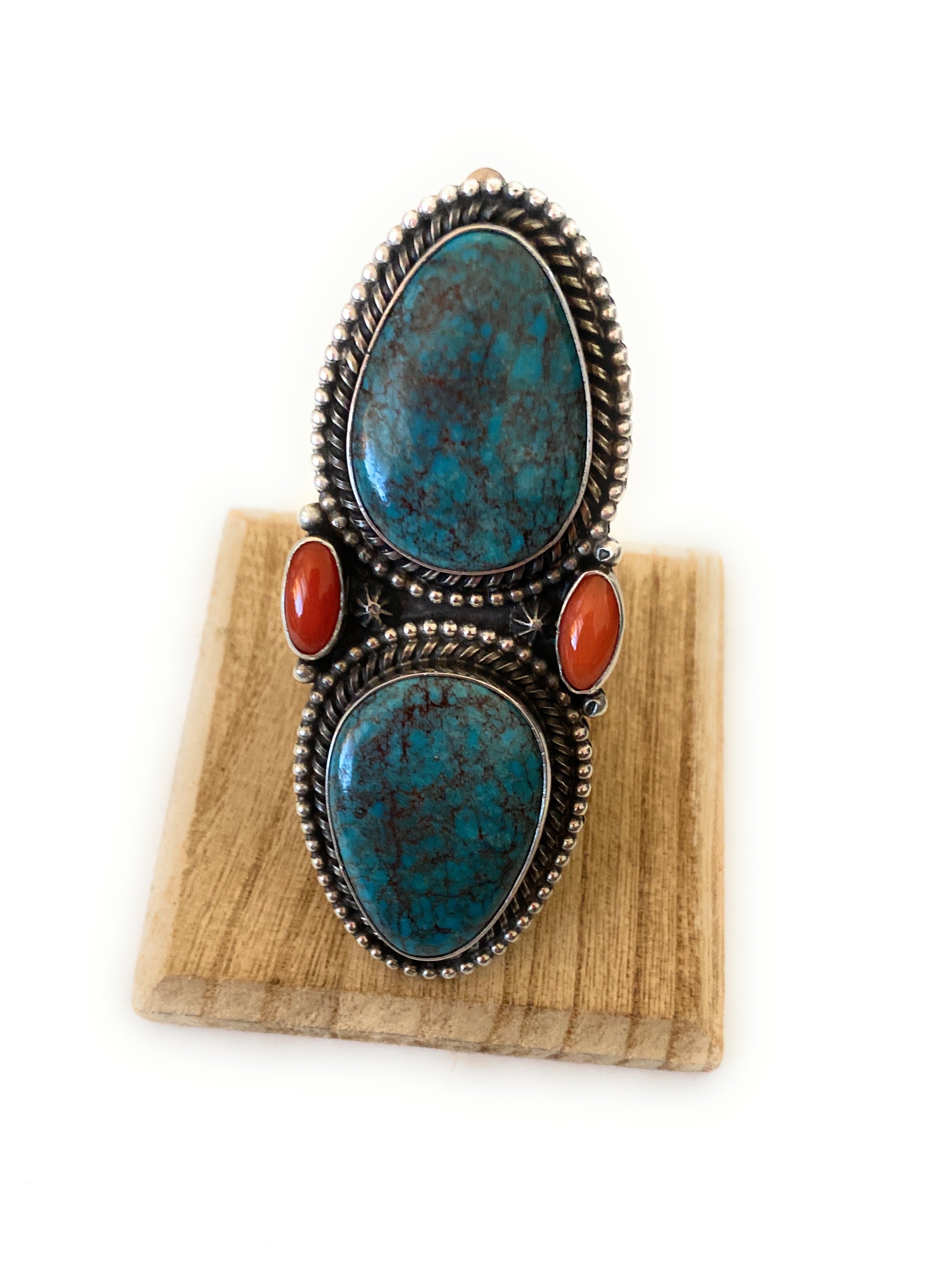 Navajo Kingman Turquoise, Coral & Sterling Silver Adjustable Ring